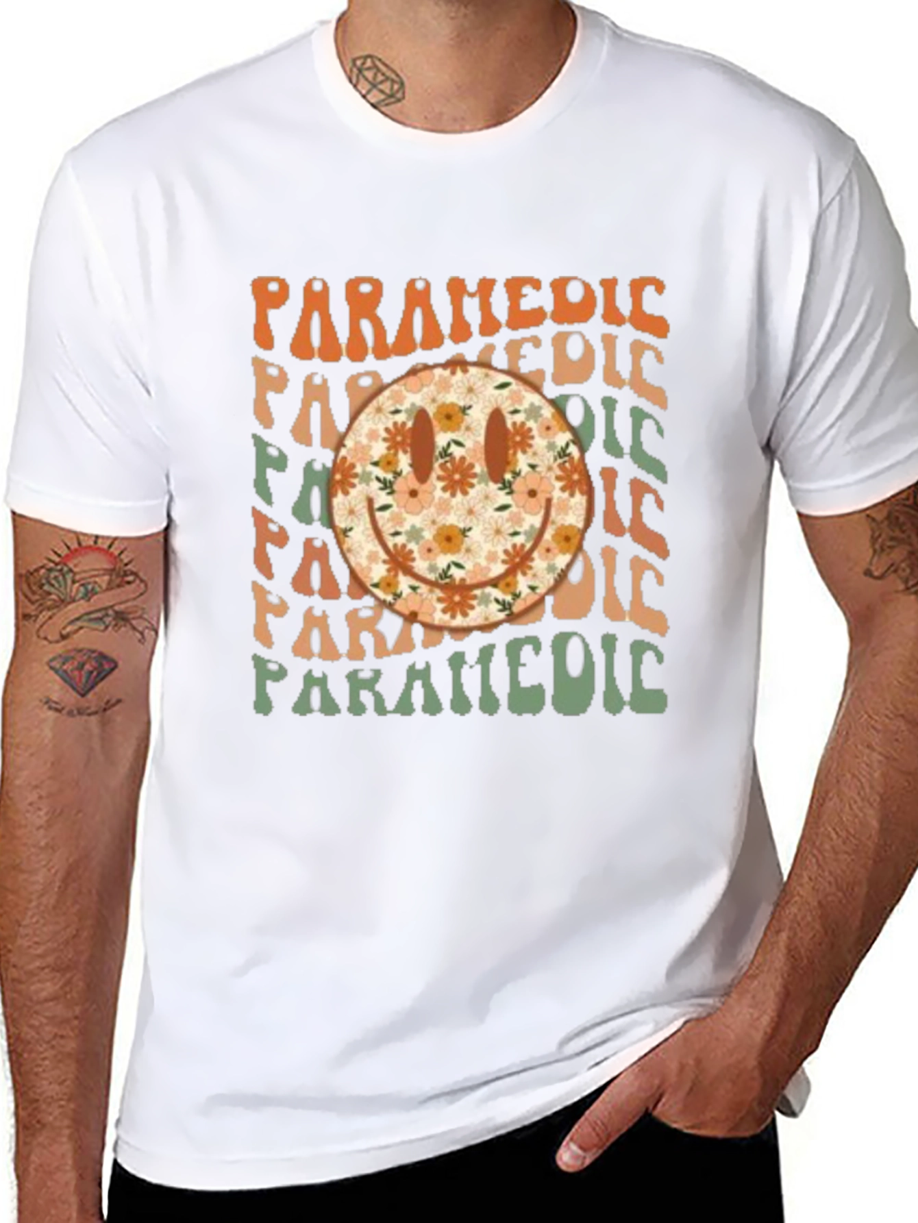 Retro Paramedic Floral Smiley Face T-Shirt