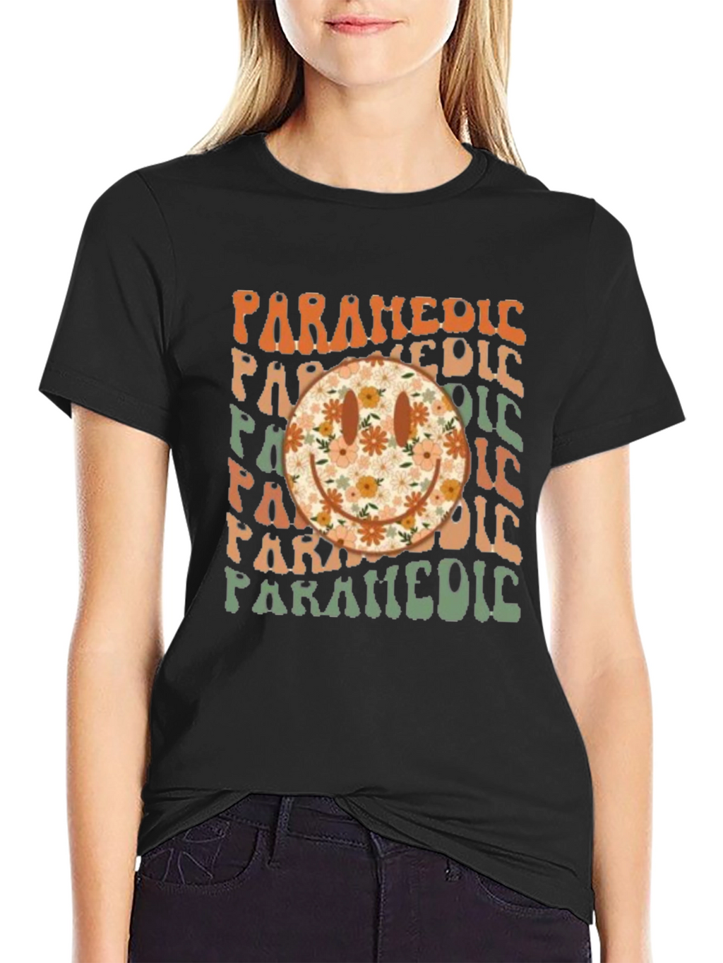 Retro Paramedic Floral Smiley Face T-Shirt