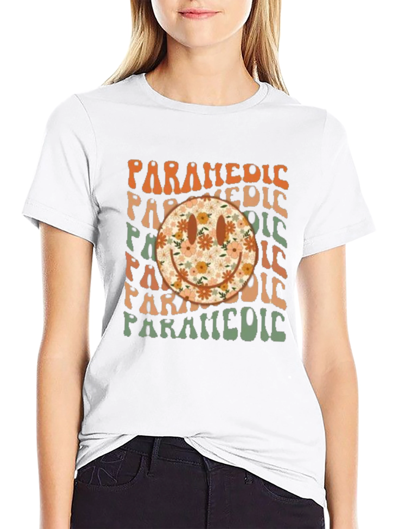 Retro Paramedic Floral Smiley Face T-Shirt