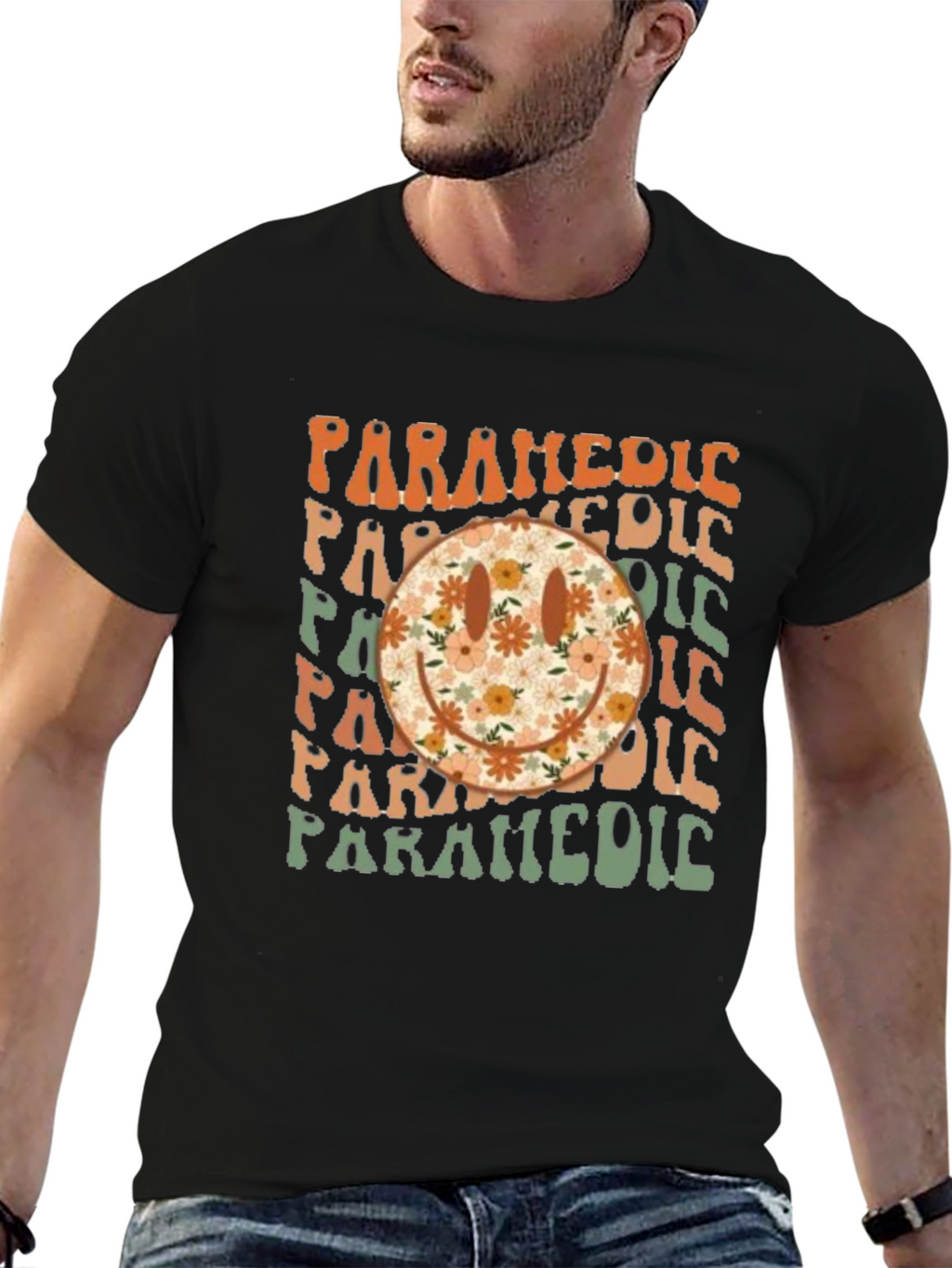 Retro Paramedic Floral Smiley Face T-Shirt