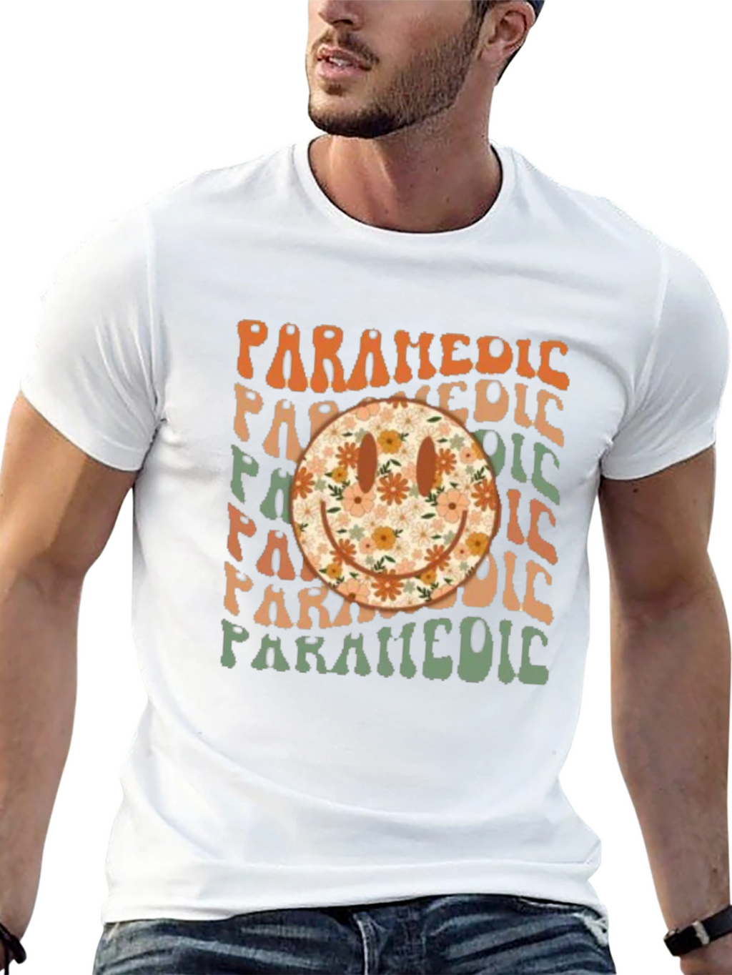 Retro Paramedic Floral Smiley Face T-Shirt