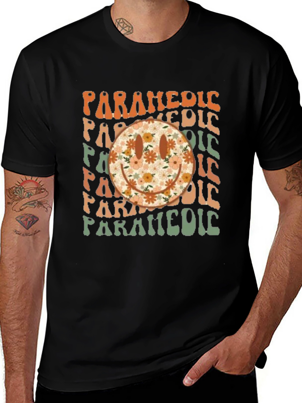 Retro Paramedic Floral Smiley Face T-Shirt
