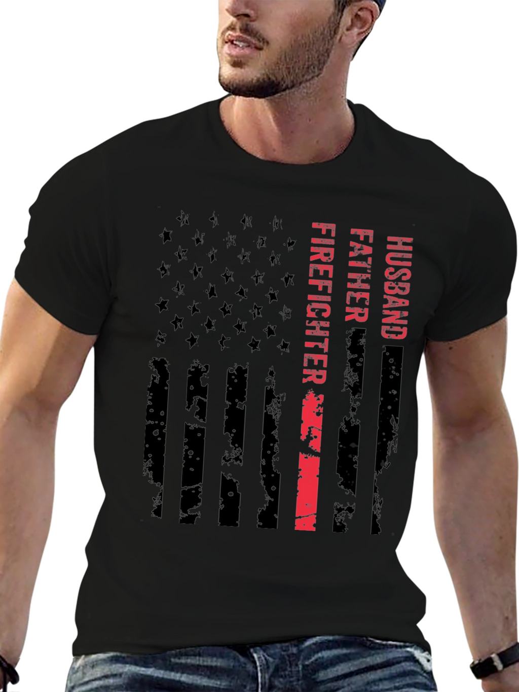 Husband Father Firefighter American Flag Graphic Tee