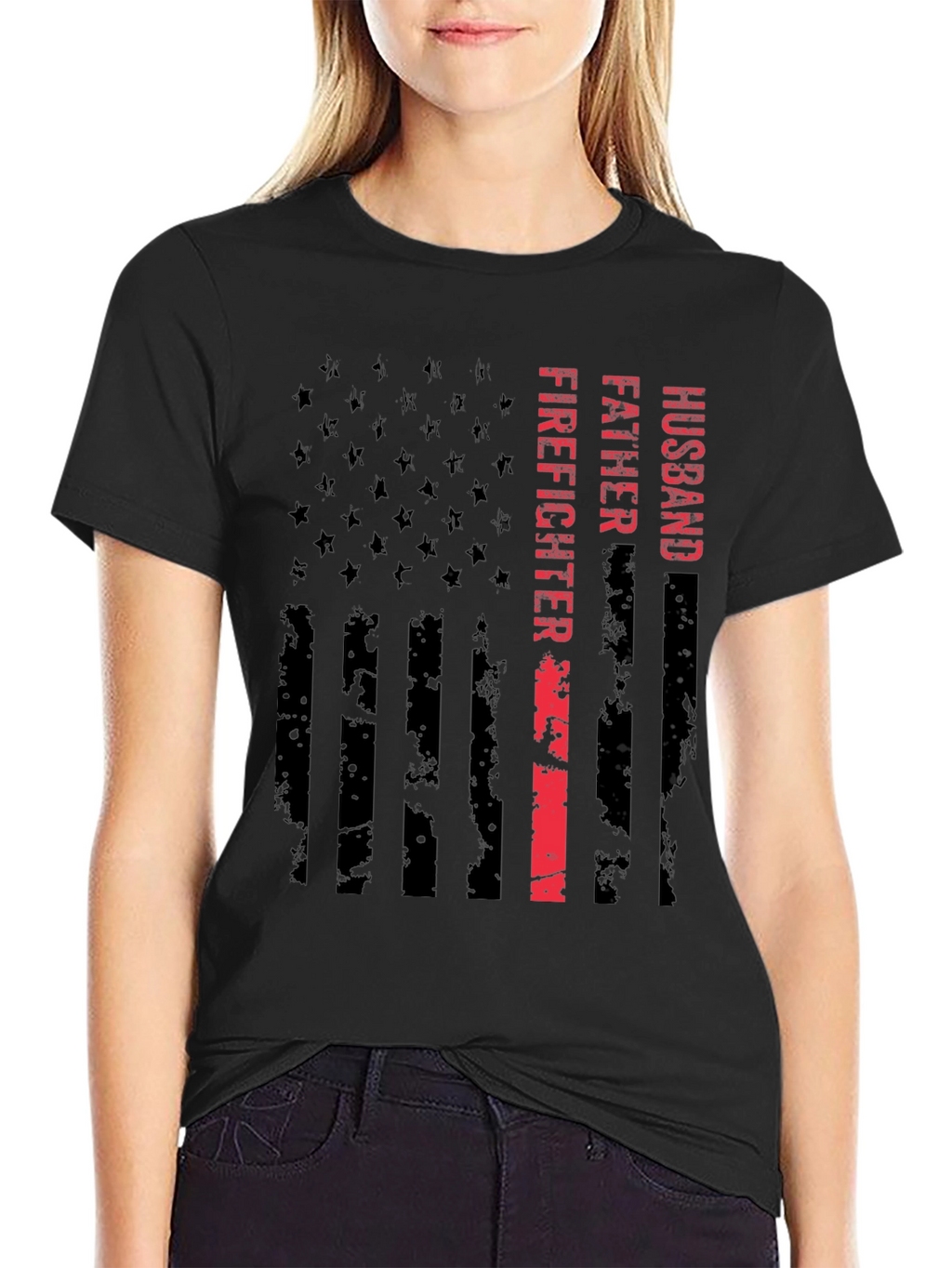 Husband Father Firefighter American Flag Graphic Tee