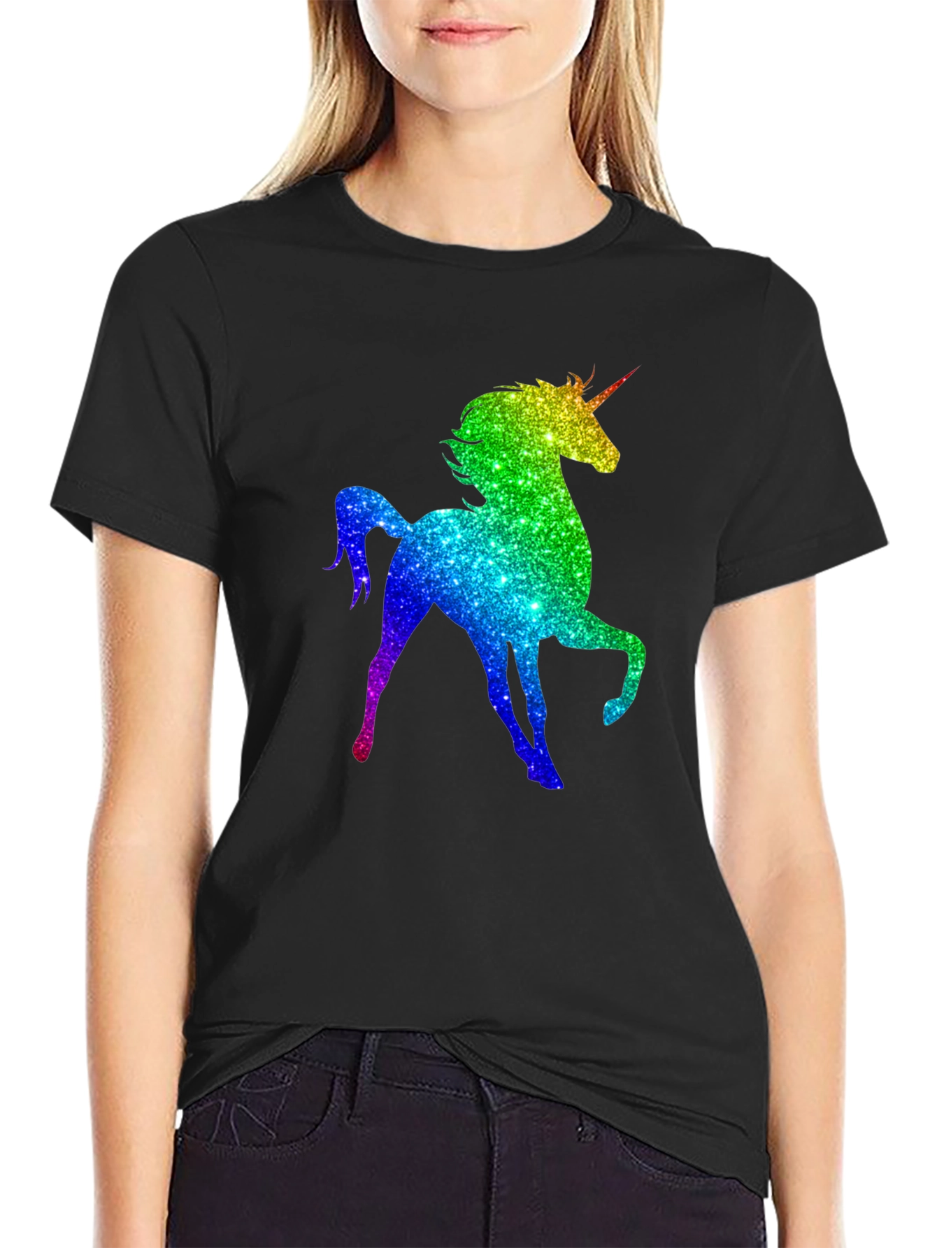 Rainbow Unicorn Graphic Tee - Black Cotton T-Shirt