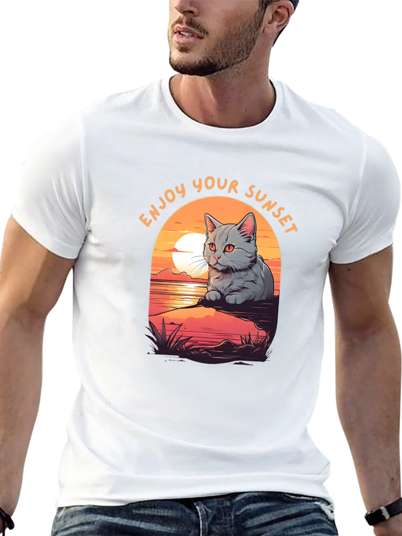 Enjoy Your Sunset Cat Graphic T-Shirt