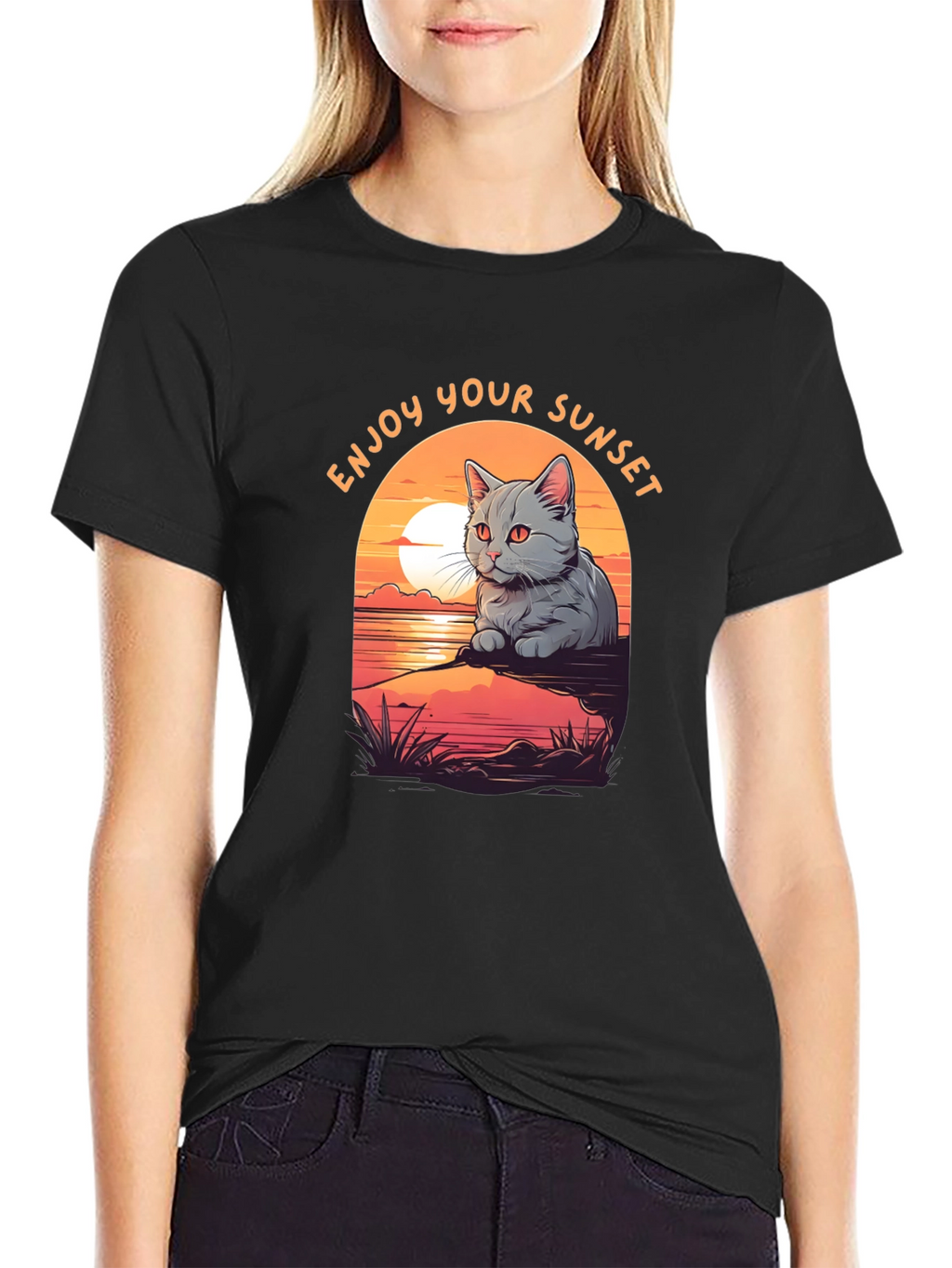 Enjoy Your Sunset Cat Graphic T-Shirt