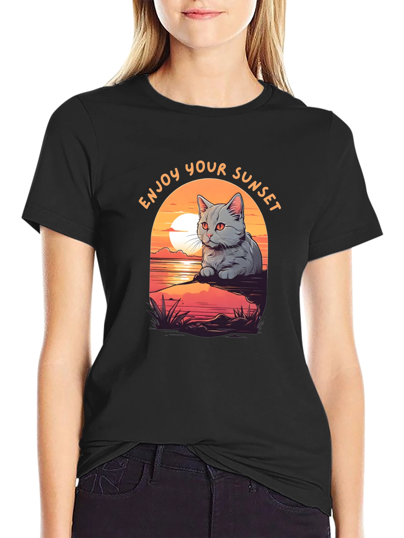 Enjoy Your Sunset Cat Graphic T-Shirt