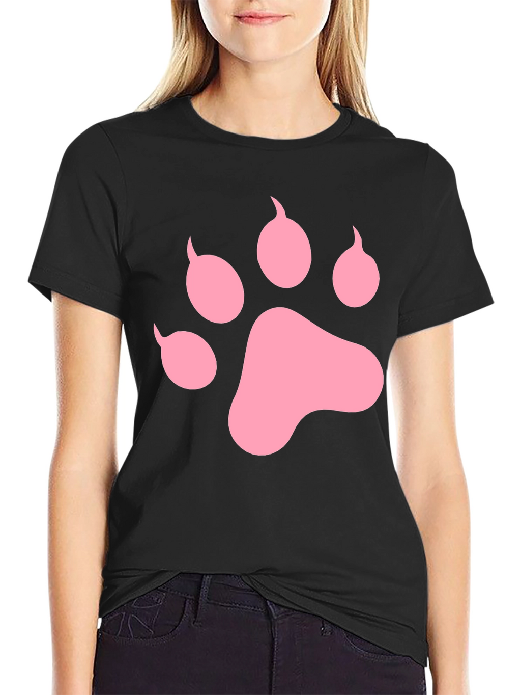 Pink Paw Print Black T-Shirt Casual Top