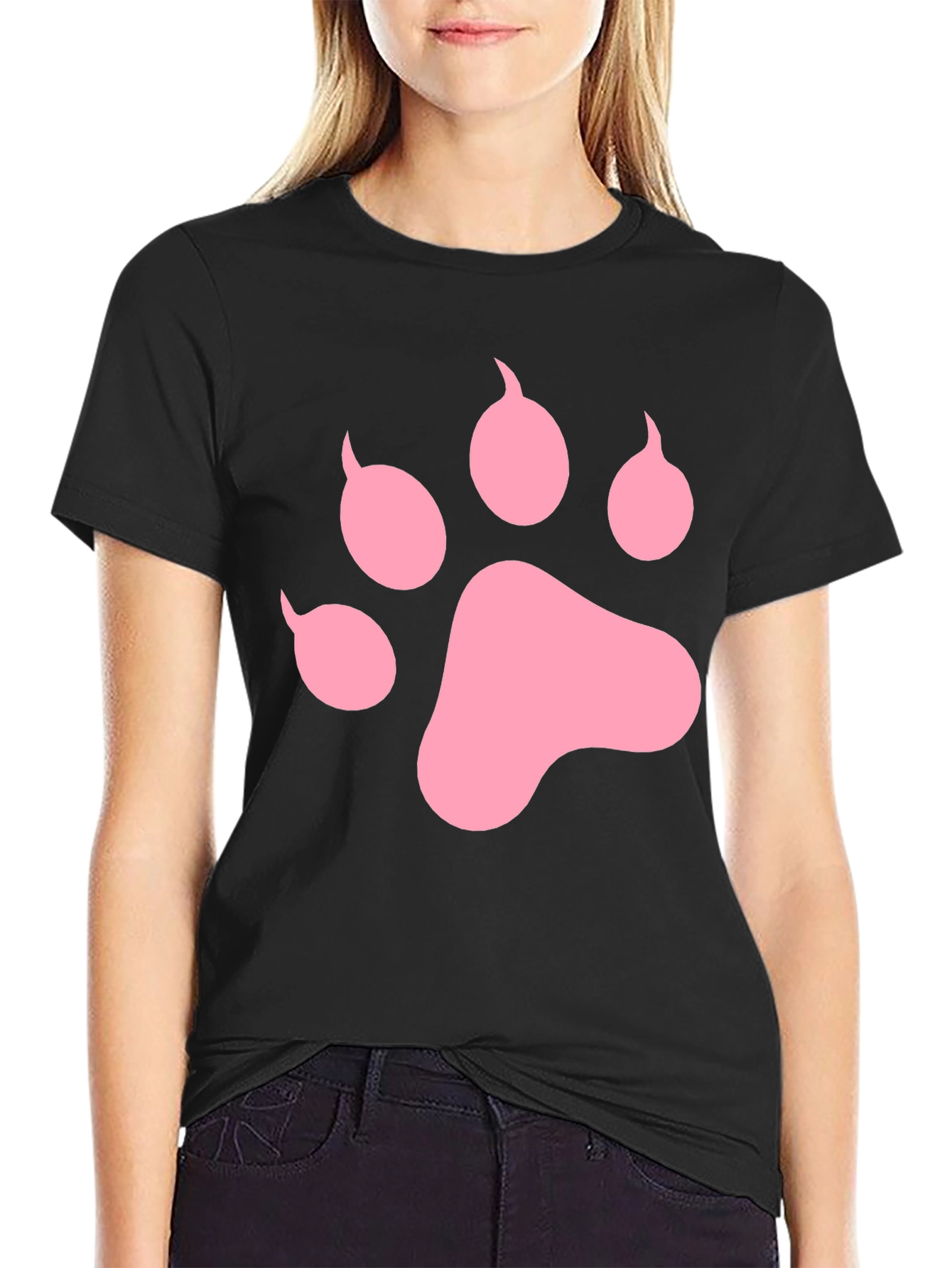 Pink Paw Print Black T-Shirt Casual Top