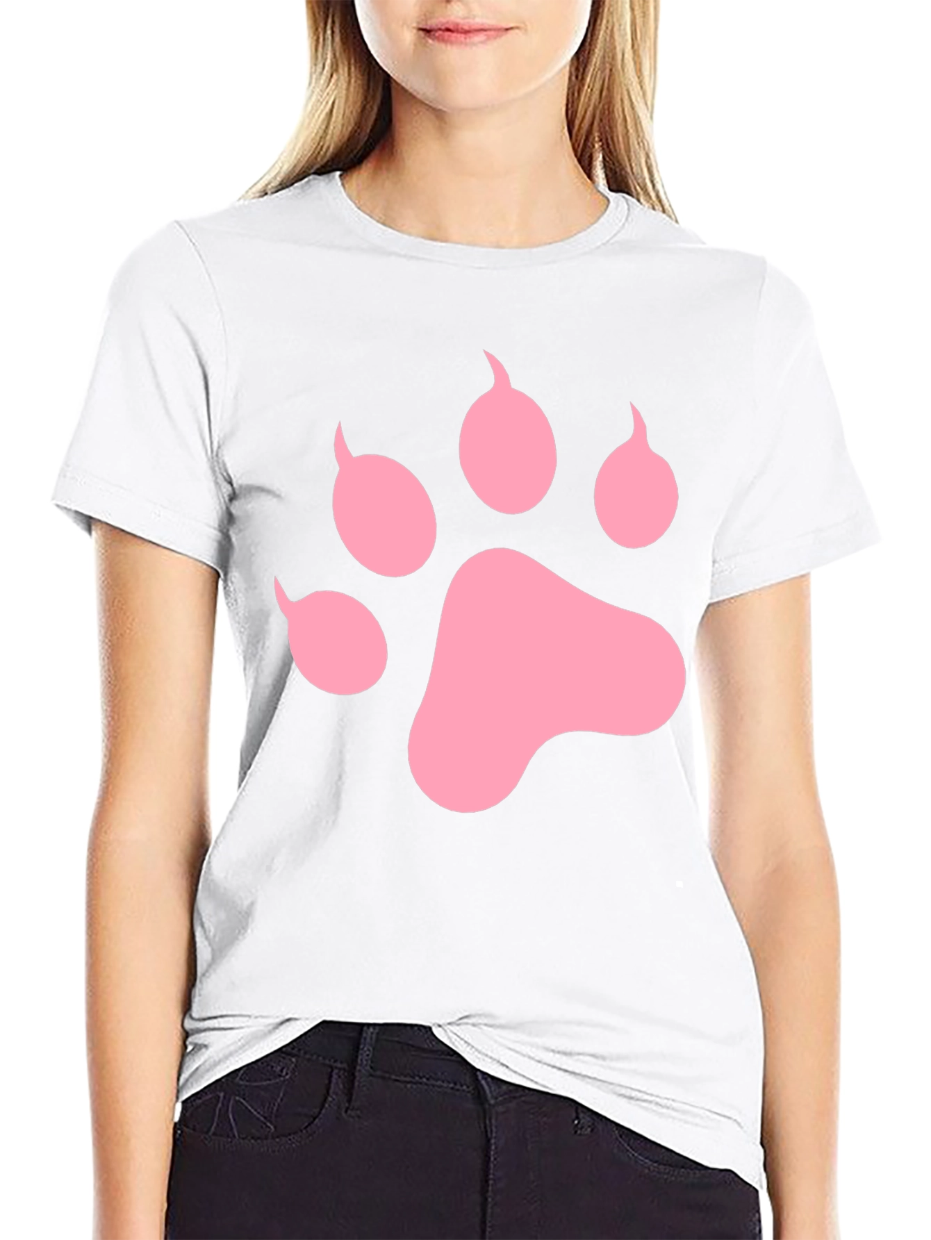Pink Paw Print Black T-Shirt Casual Top