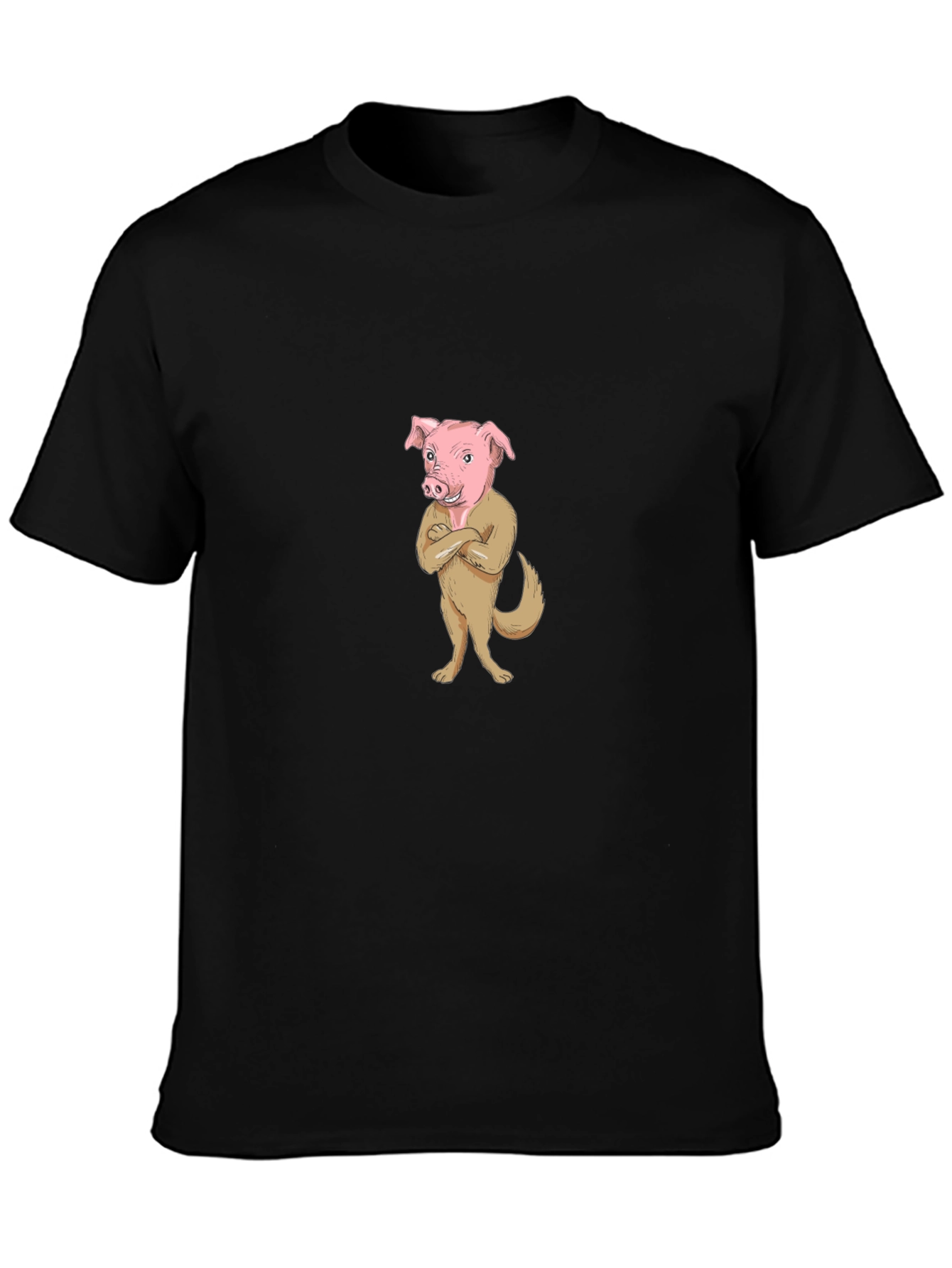 Pig-Dog Cartoon Graphic Black T-Shirt