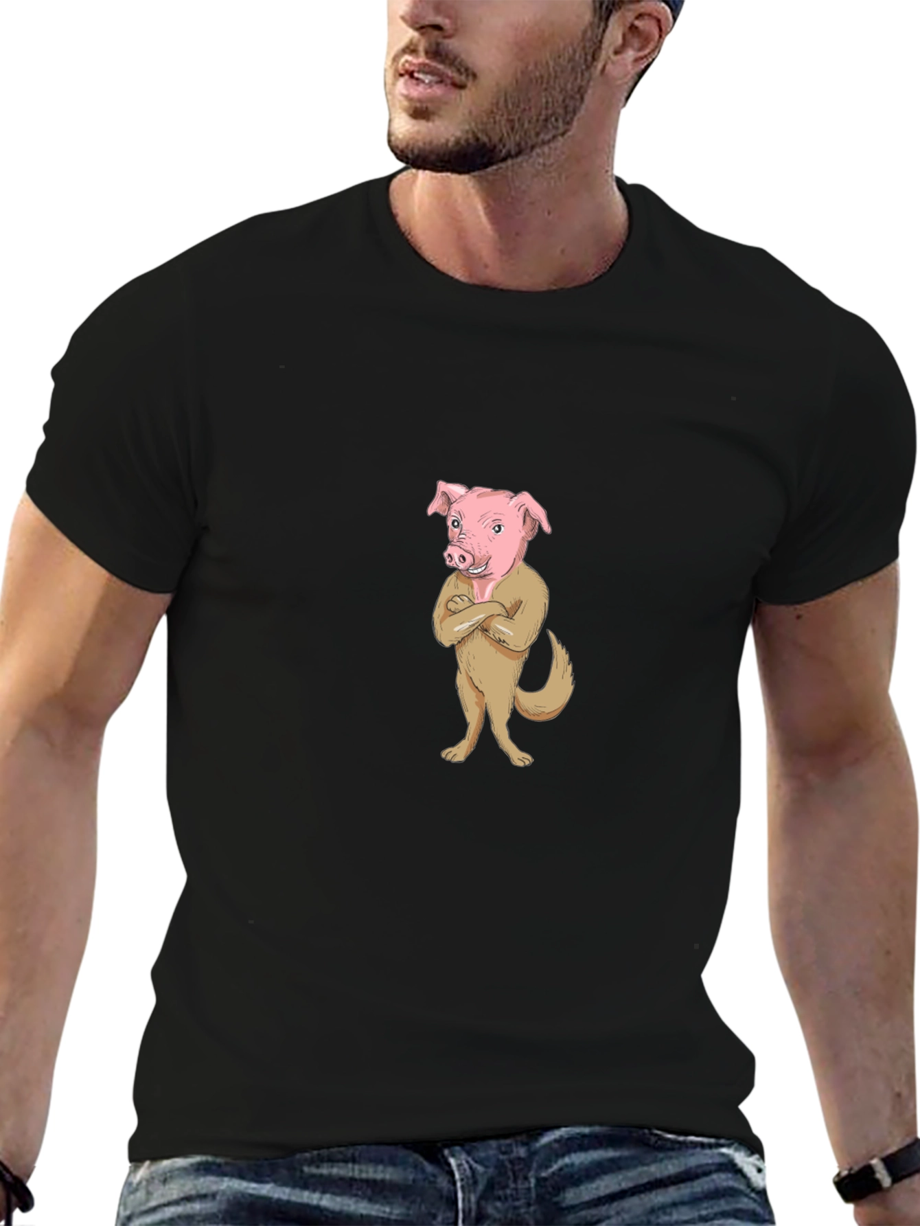 Pig-Dog Cartoon Graphic Black T-Shirt