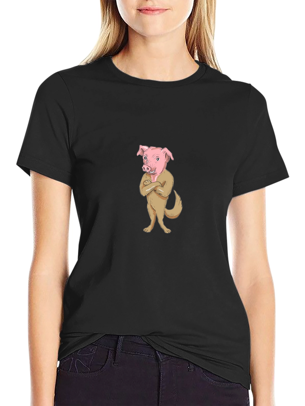 Pig-Dog Cartoon Graphic Black T-Shirt
