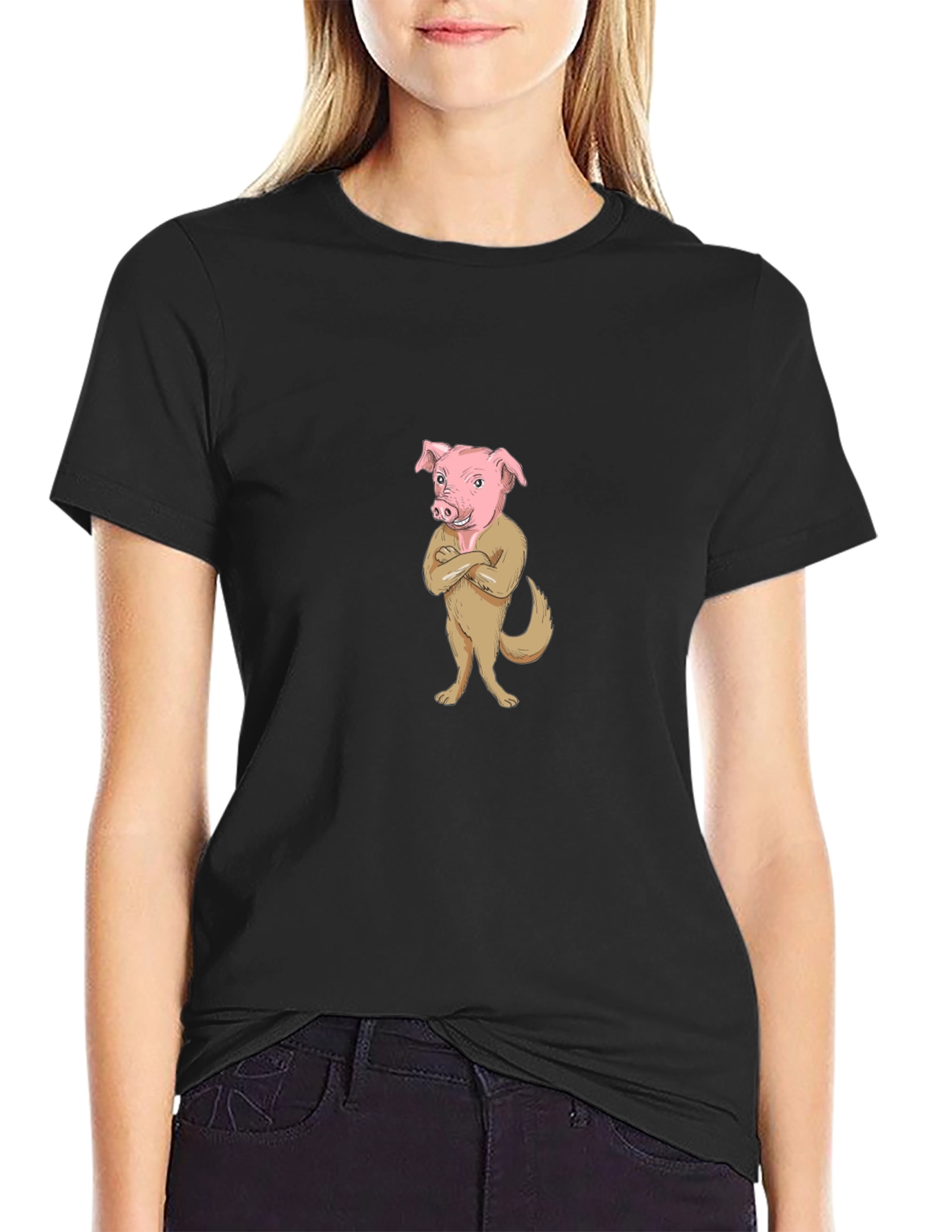 Pig-Dog Cartoon Graphic Black T-Shirt