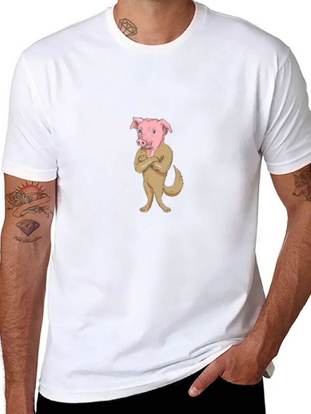 Pig-Dog Cartoon Graphic Black T-Shirt