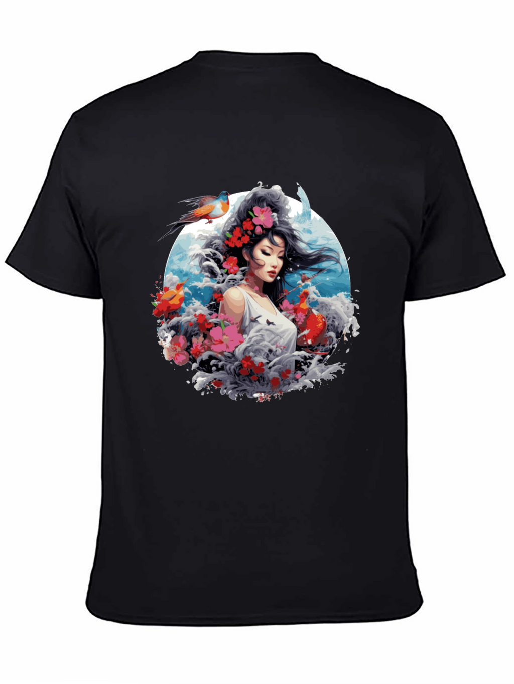 Floral Asian Woman Graphic Black T-Shirt