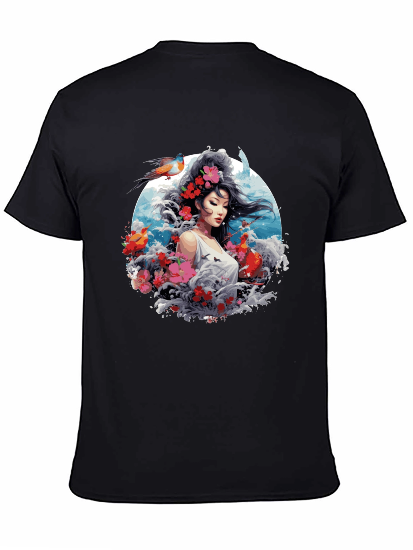 Floral Asian Woman Graphic Black T-Shirt
