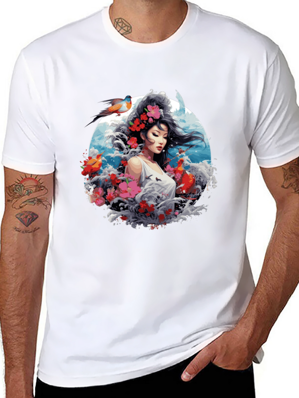 Floral Asian Woman Graphic Black T-Shirt