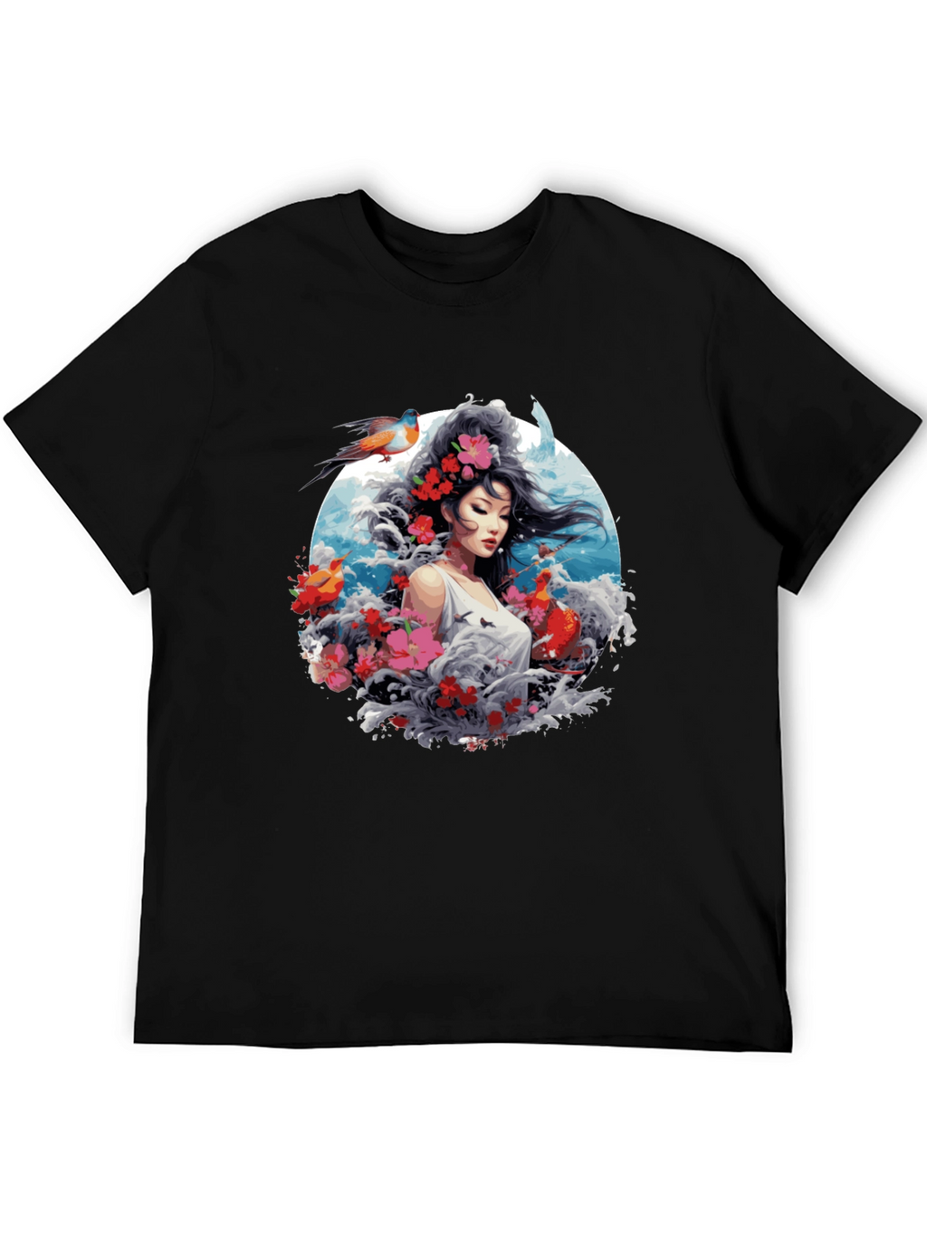 Floral Asian Woman Graphic Black T-Shirt