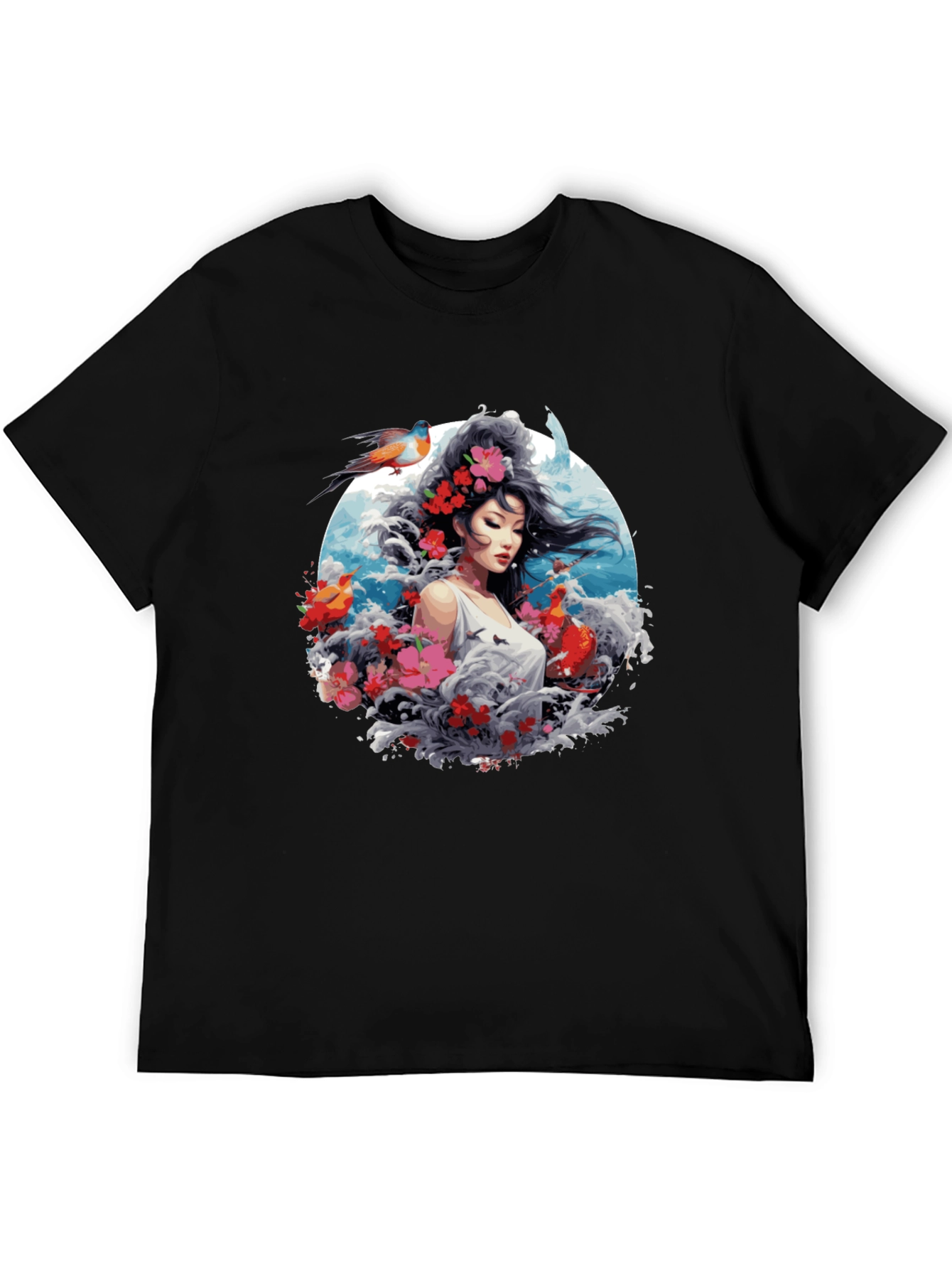 Floral Asian Woman Graphic Black T-Shirt
