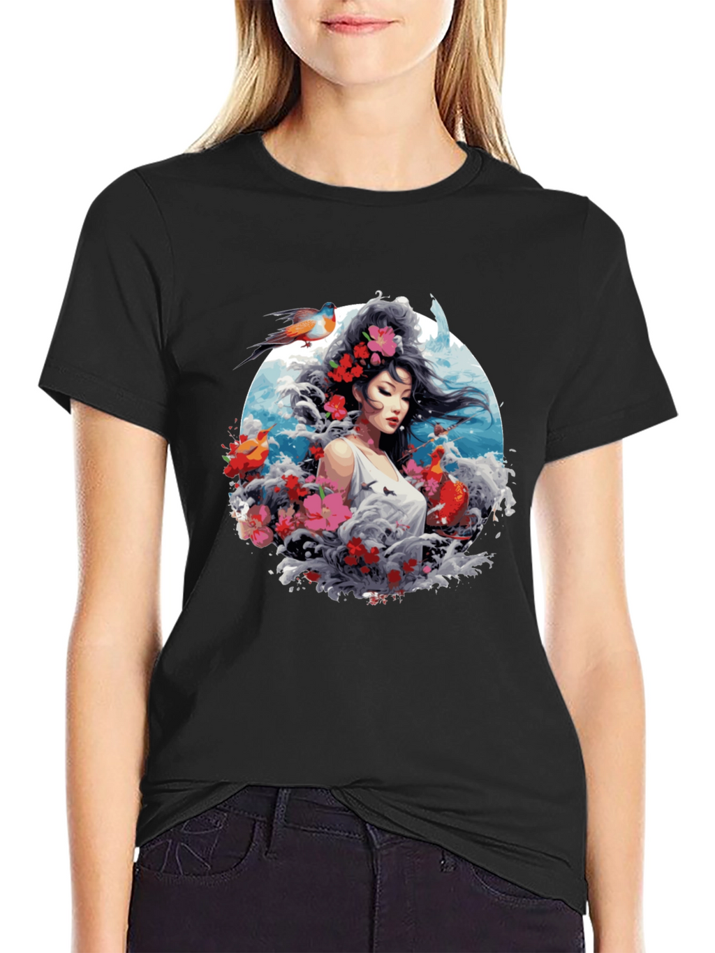 Floral Asian Woman Graphic Black T-Shirt