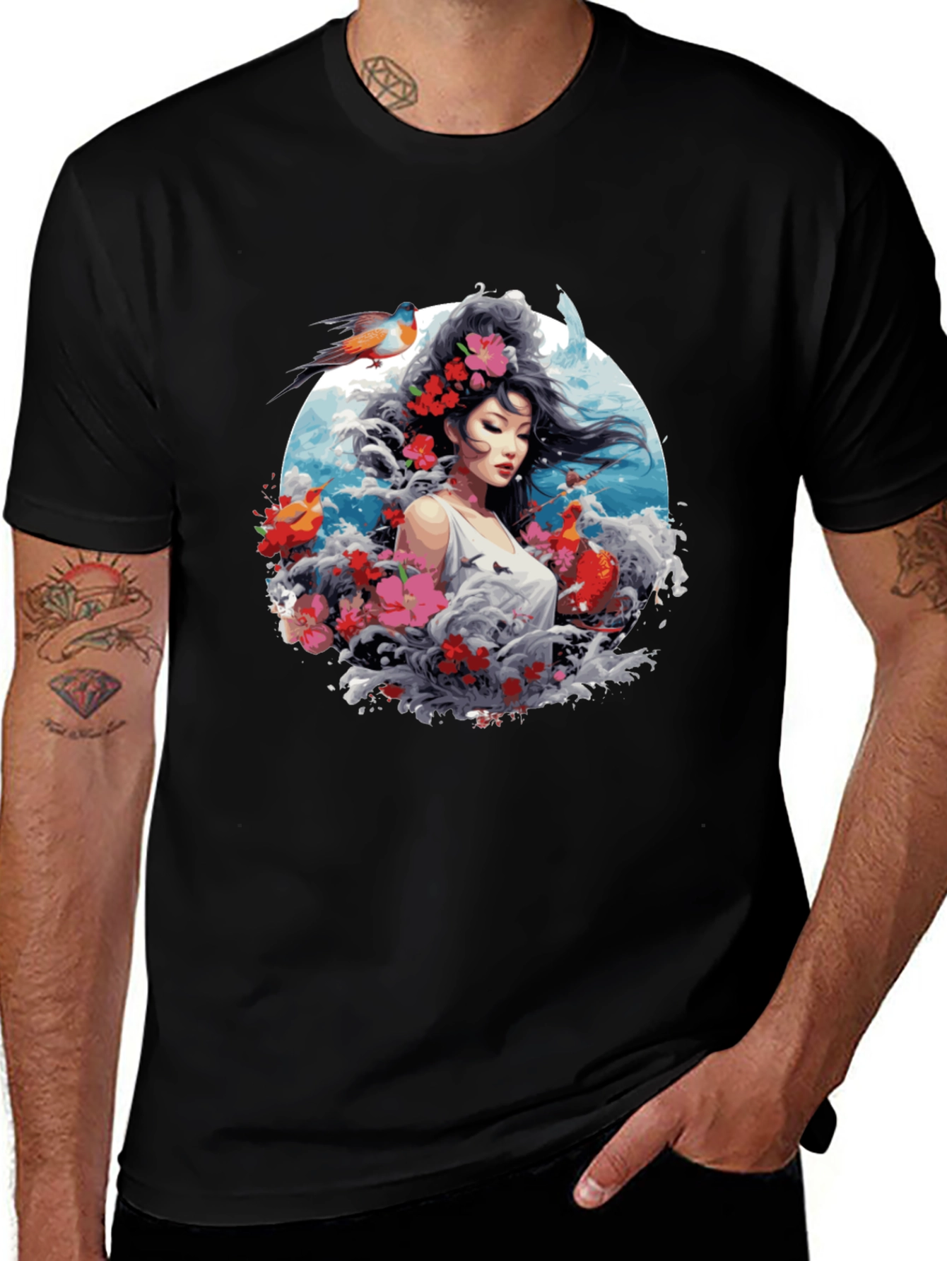 Floral Asian Woman Graphic Black T-Shirt