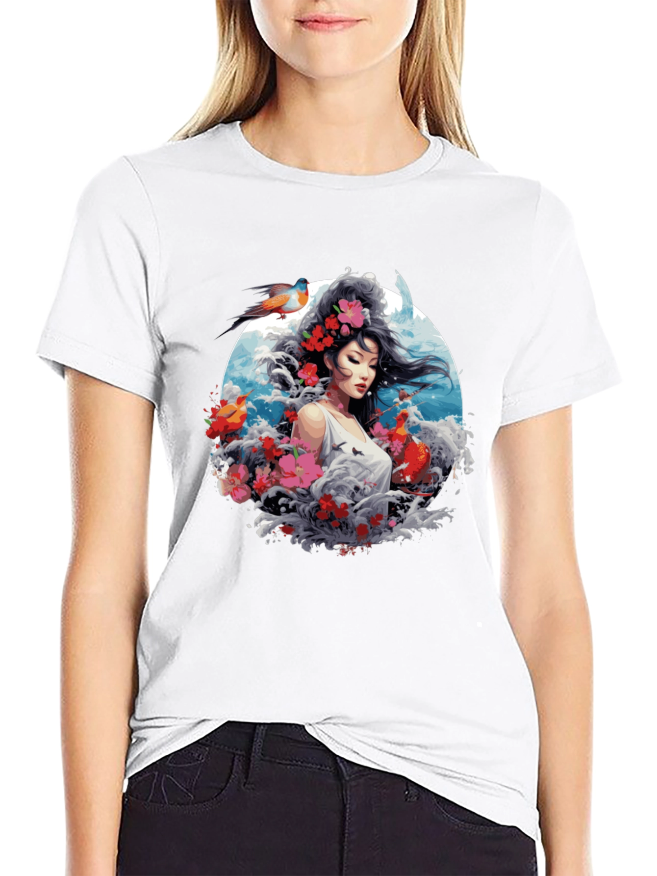 Floral Asian Woman Graphic Black T-Shirt