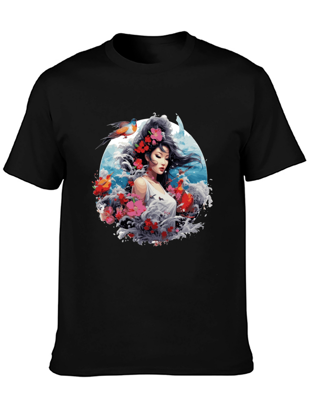 Floral Asian Woman Graphic Black T-Shirt