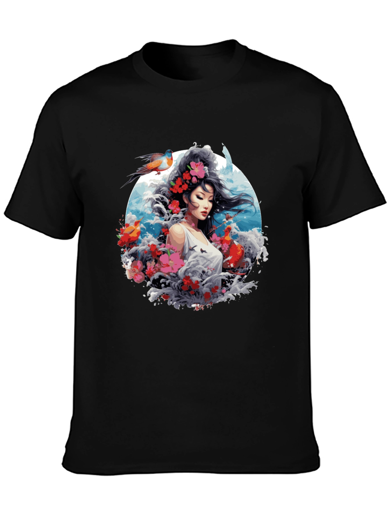 Floral Asian Woman Graphic Black T-Shirt