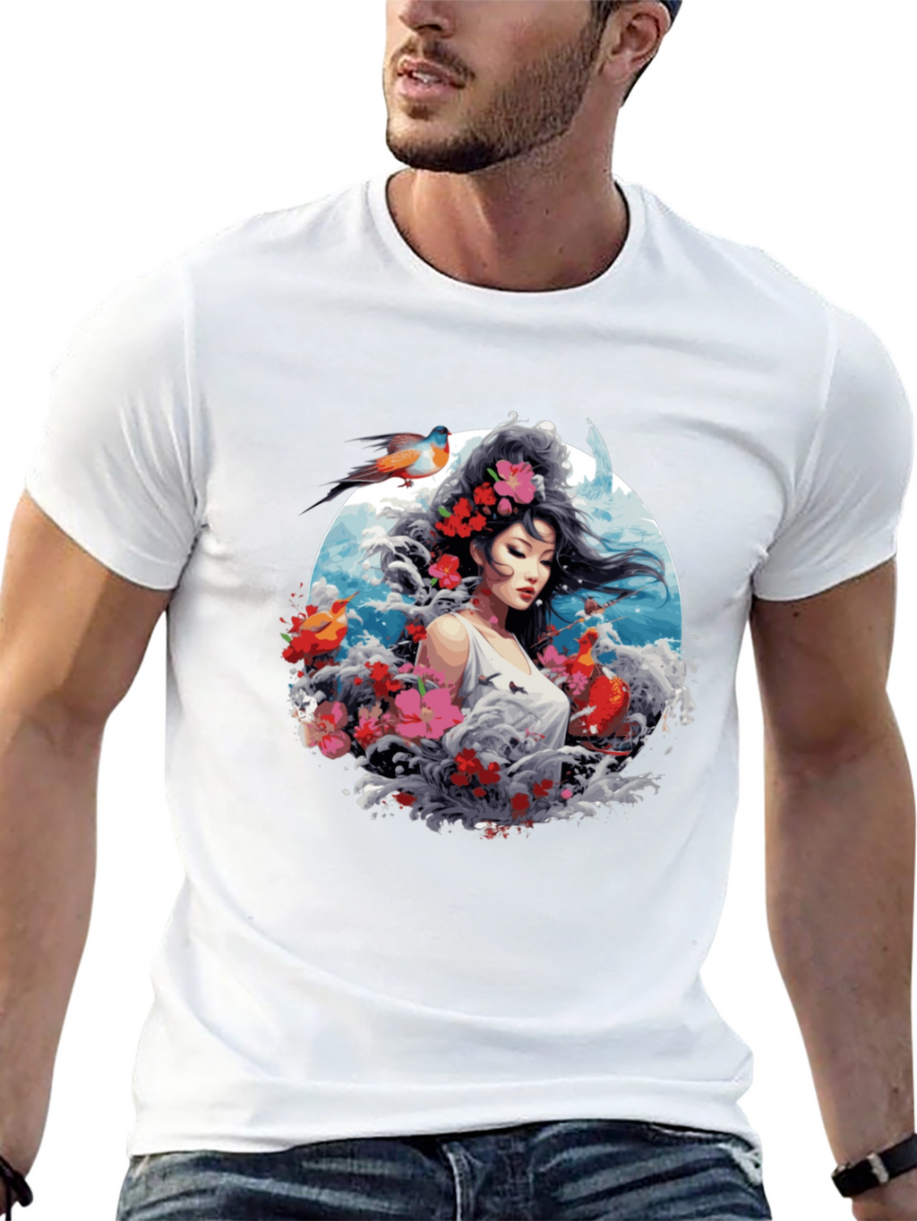 Floral Asian Woman Graphic Black T-Shirt