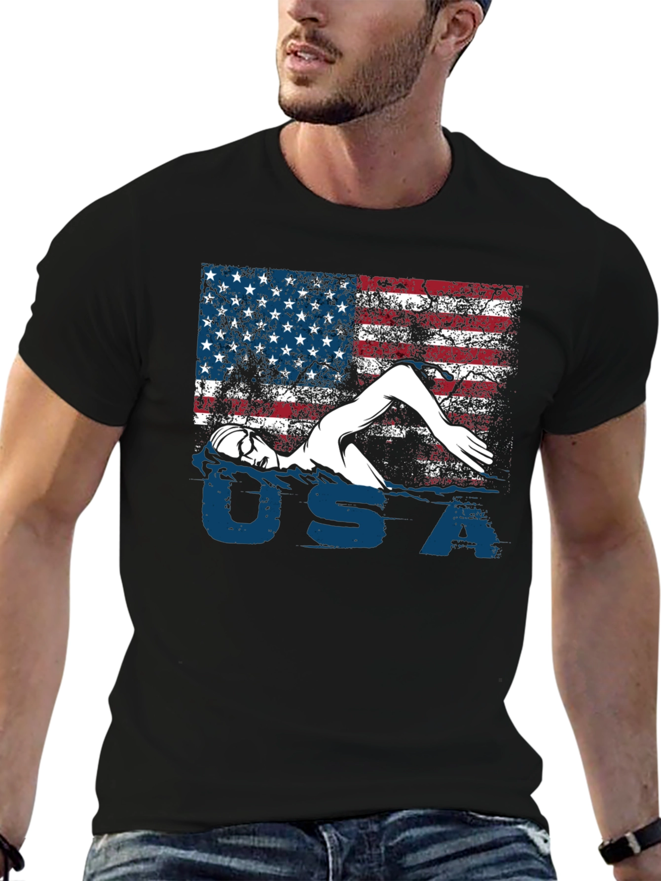 USA Swimmer T-Shirt Patriotic Flag Tee