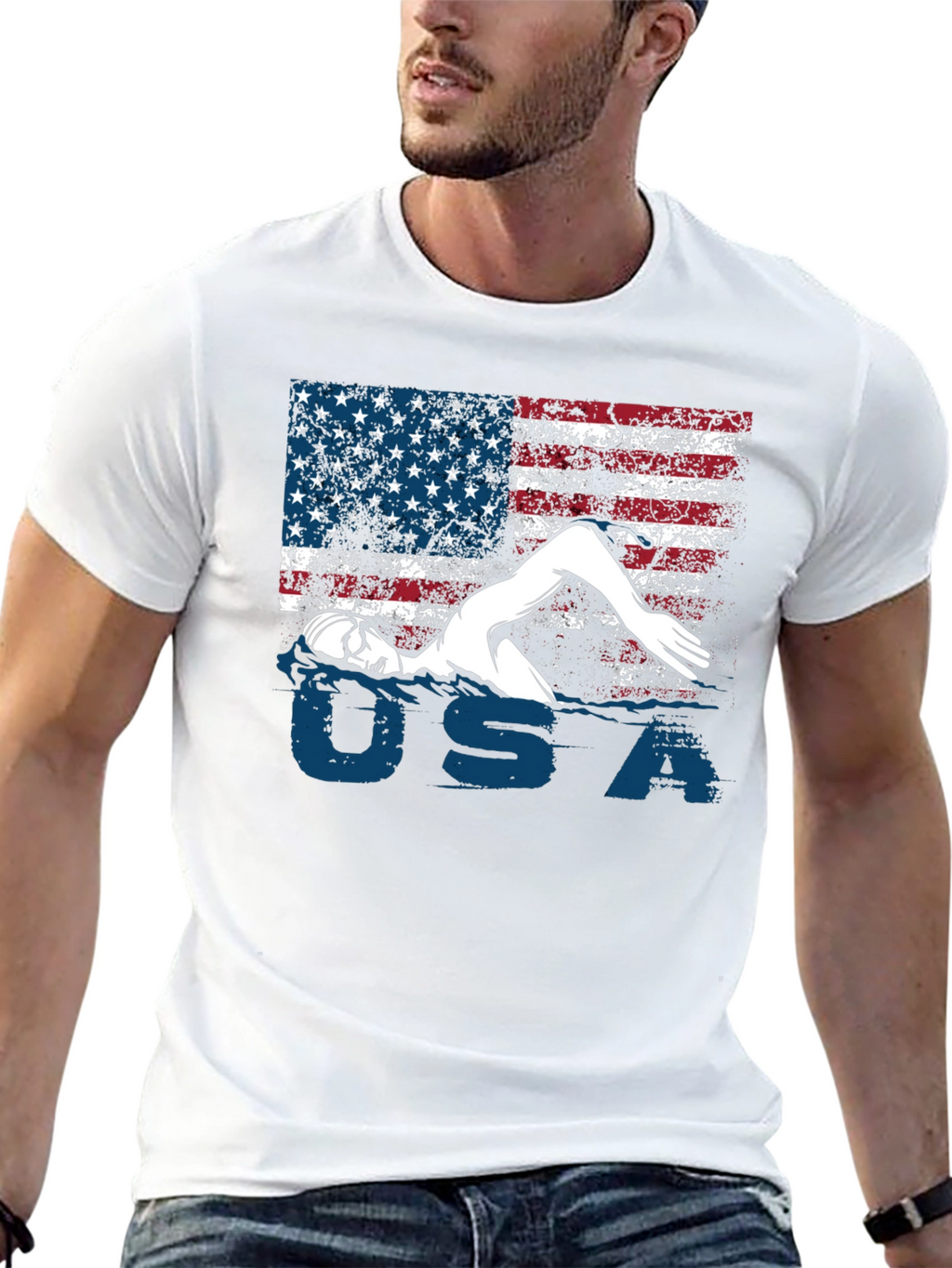 USA Swimmer T-Shirt Patriotic Flag Tee
