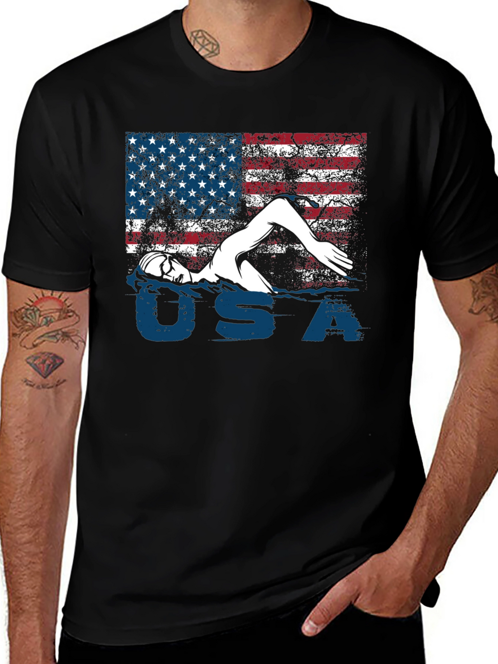 USA Swimmer T-Shirt Patriotic Flag Tee