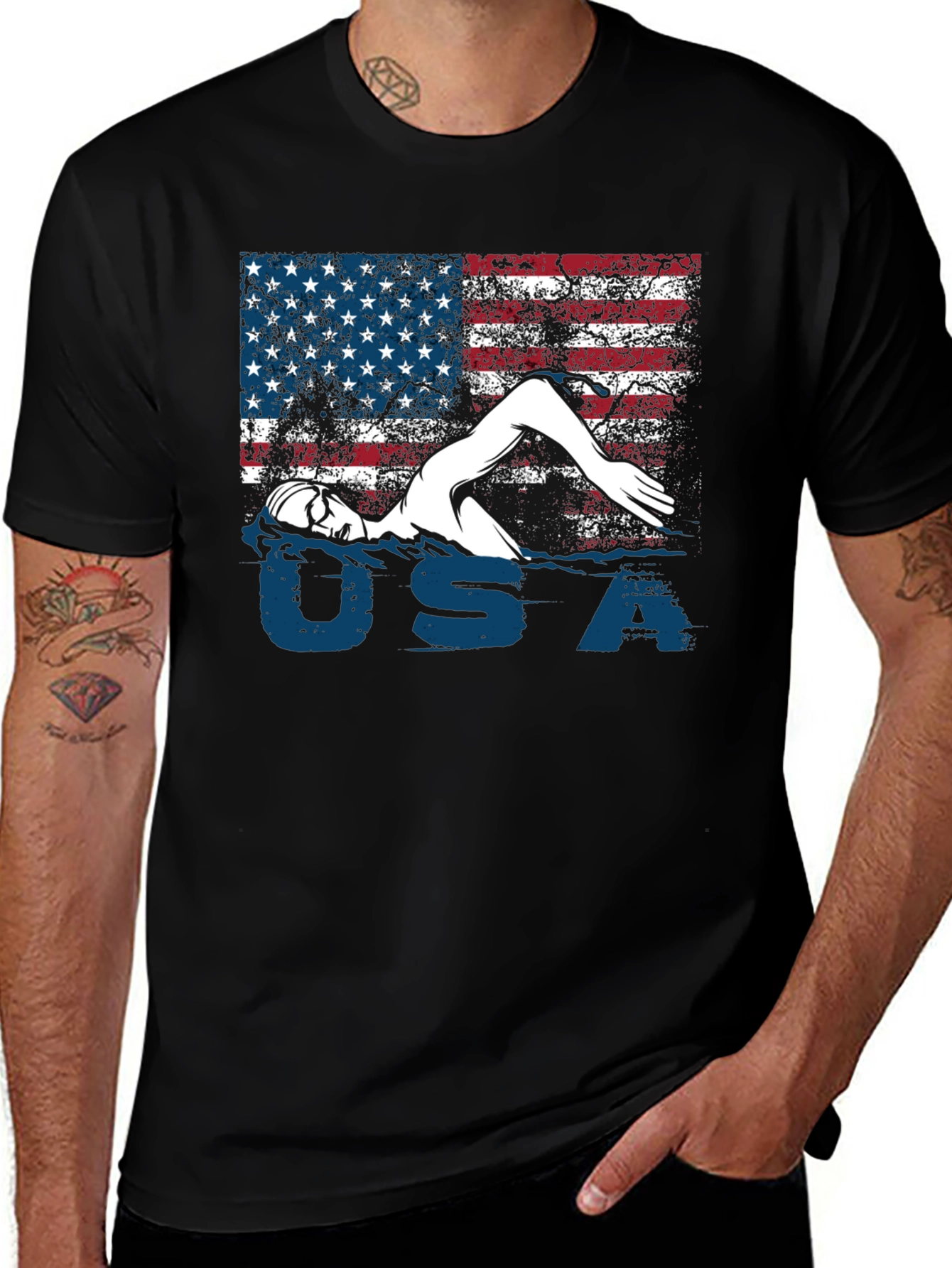 USA Swimmer T-Shirt Patriotic Flag Tee