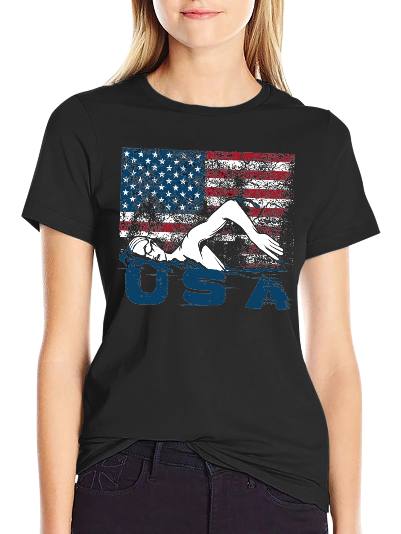 USA Swimmer T-Shirt Patriotic Flag Tee