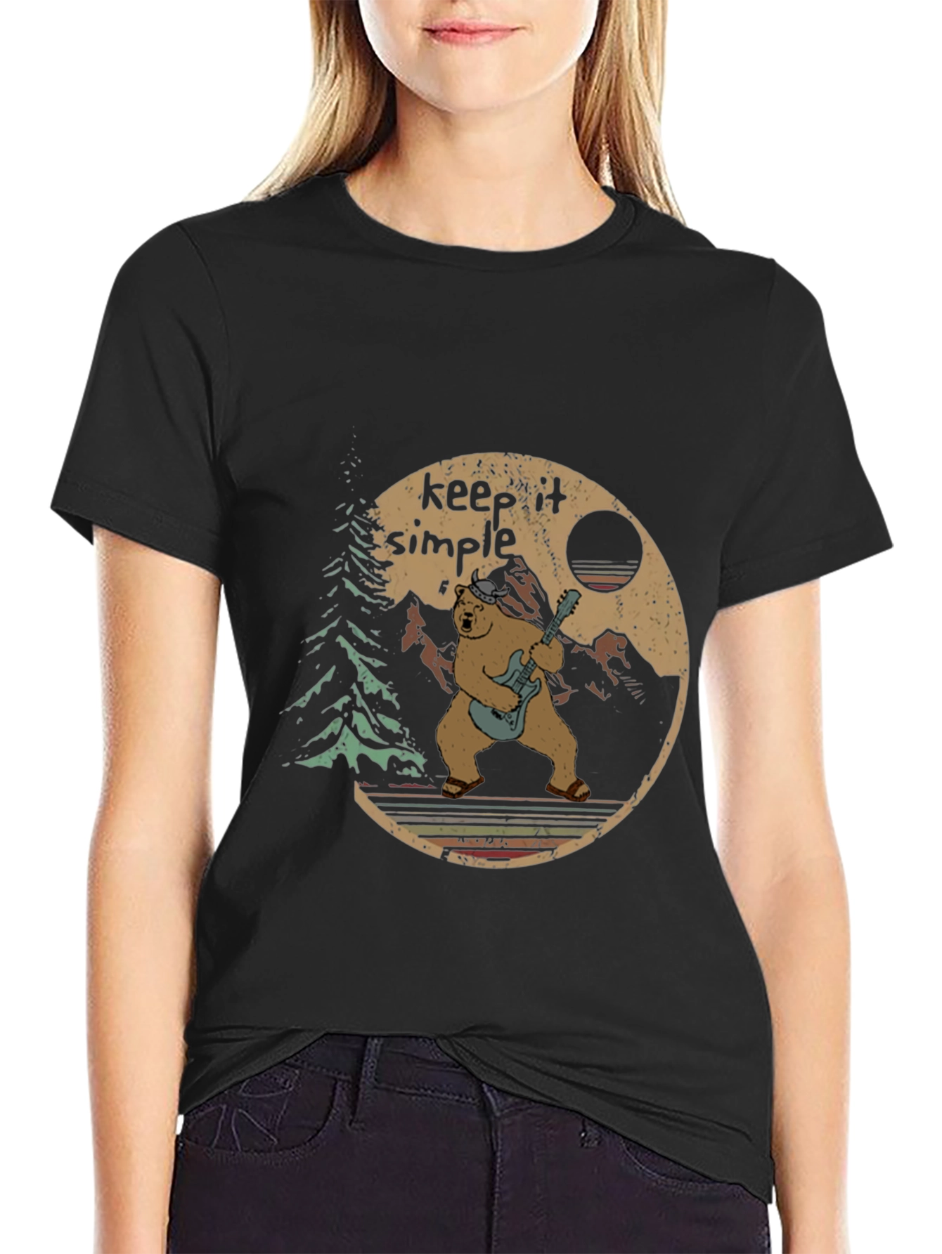 Keep It Simple Bear Guitarist Graphic Tee - Black