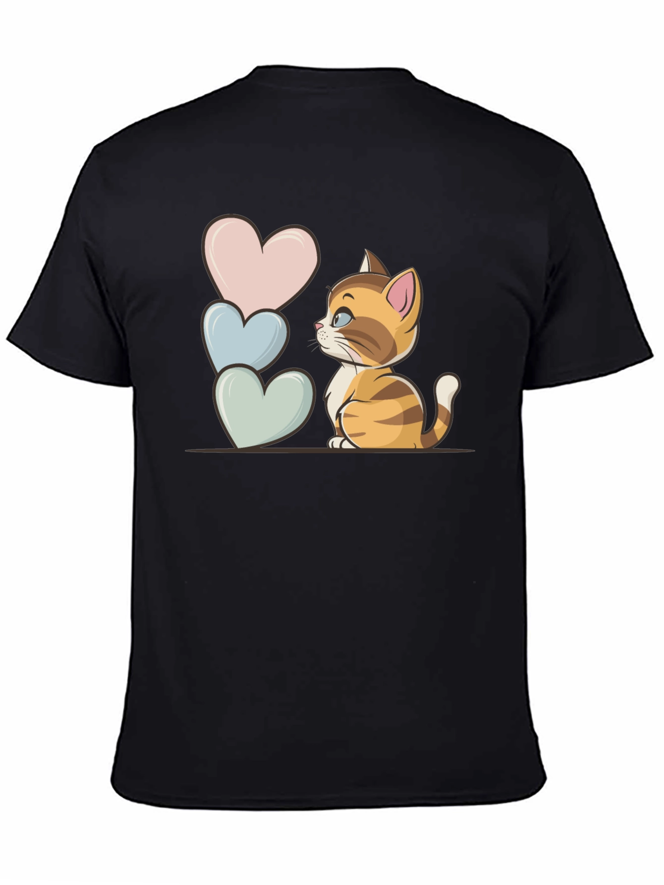 Cute Kitten & Hearts Graphic Tee - Unisex Black T-Shirt