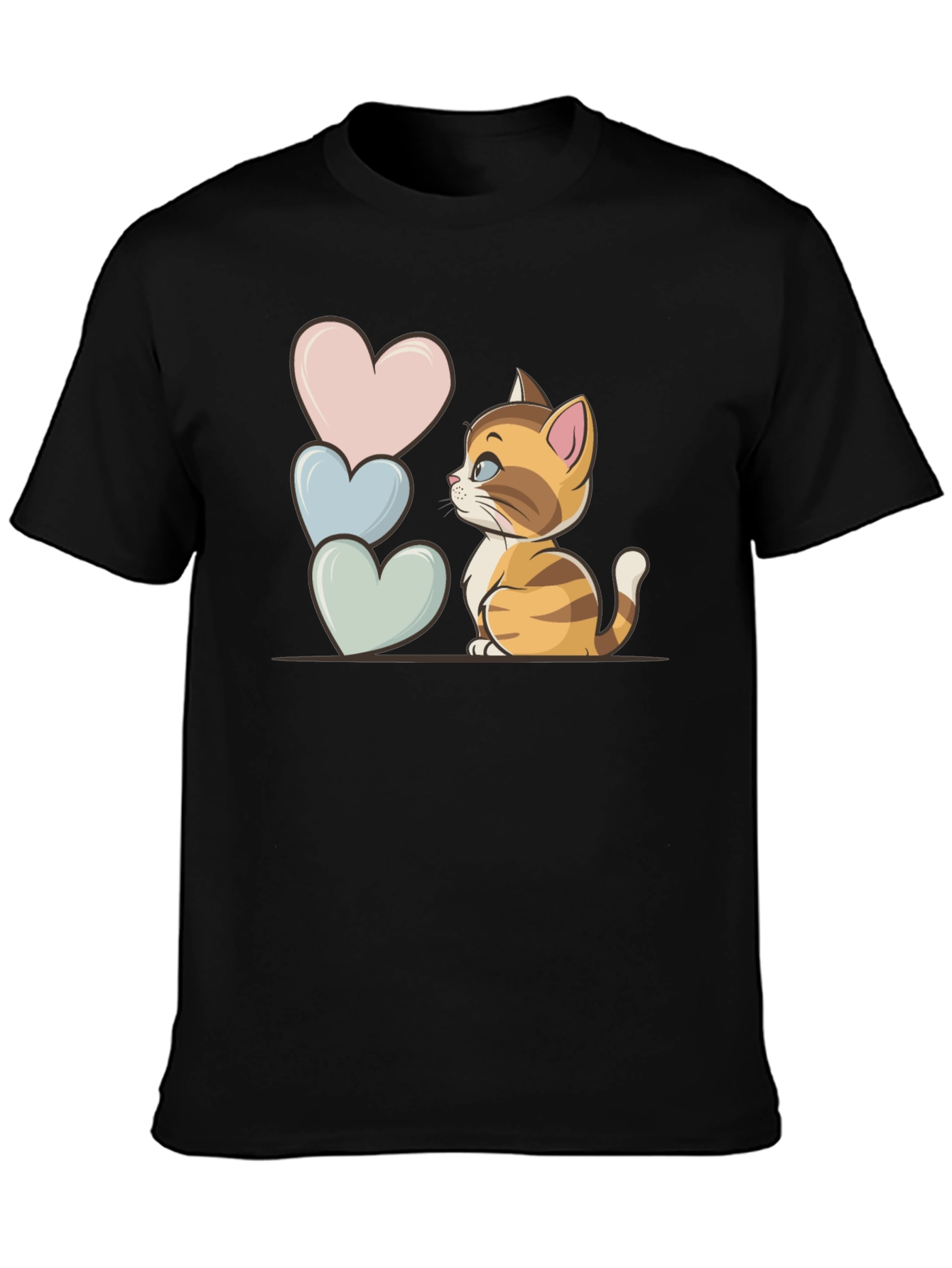 Cute Kitten & Hearts Graphic Tee - Unisex Black T-Shirt