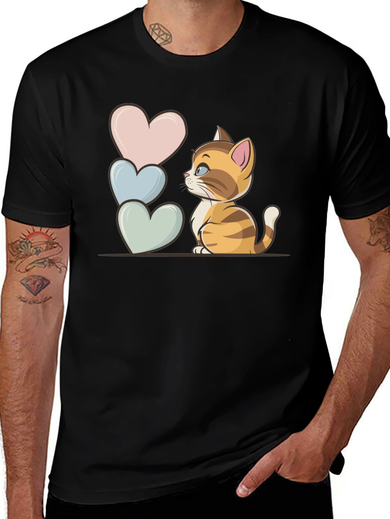 Cute Kitten & Hearts Graphic Tee - Unisex Black T-Shirt