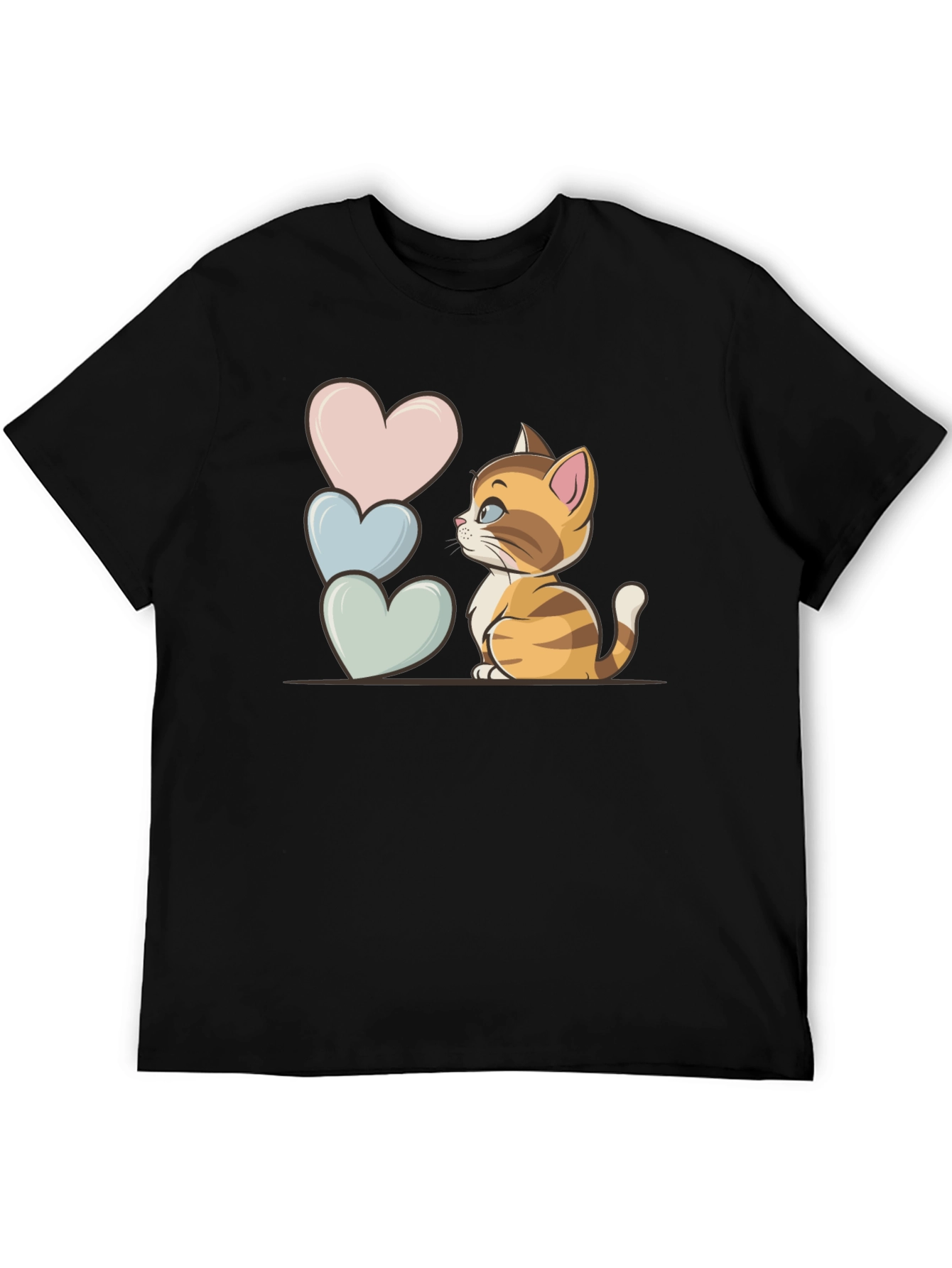Cute Kitten & Hearts Graphic Tee - Unisex Black T-Shirt