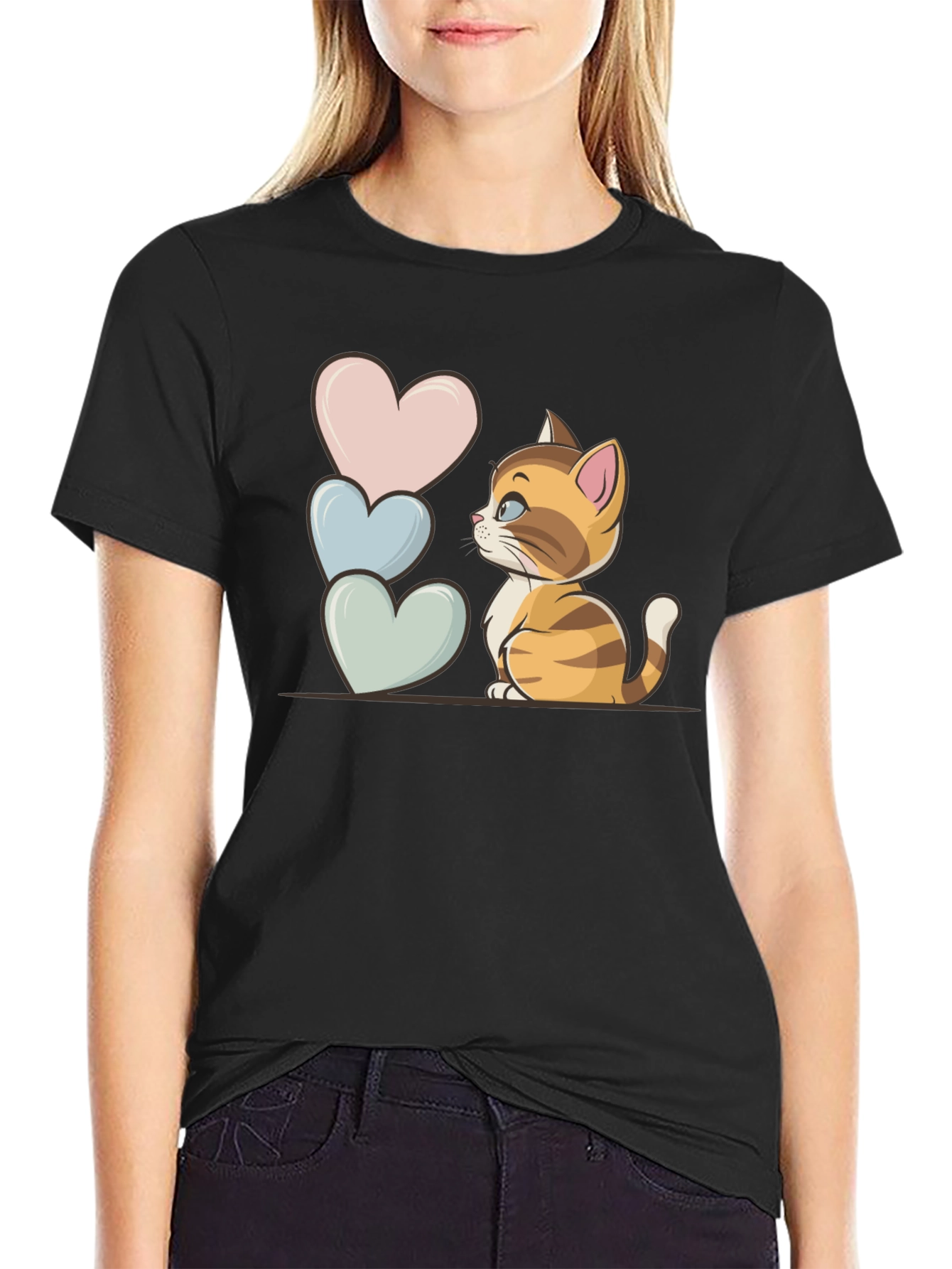 Cute Kitten & Hearts Graphic Tee - Unisex Black T-Shirt