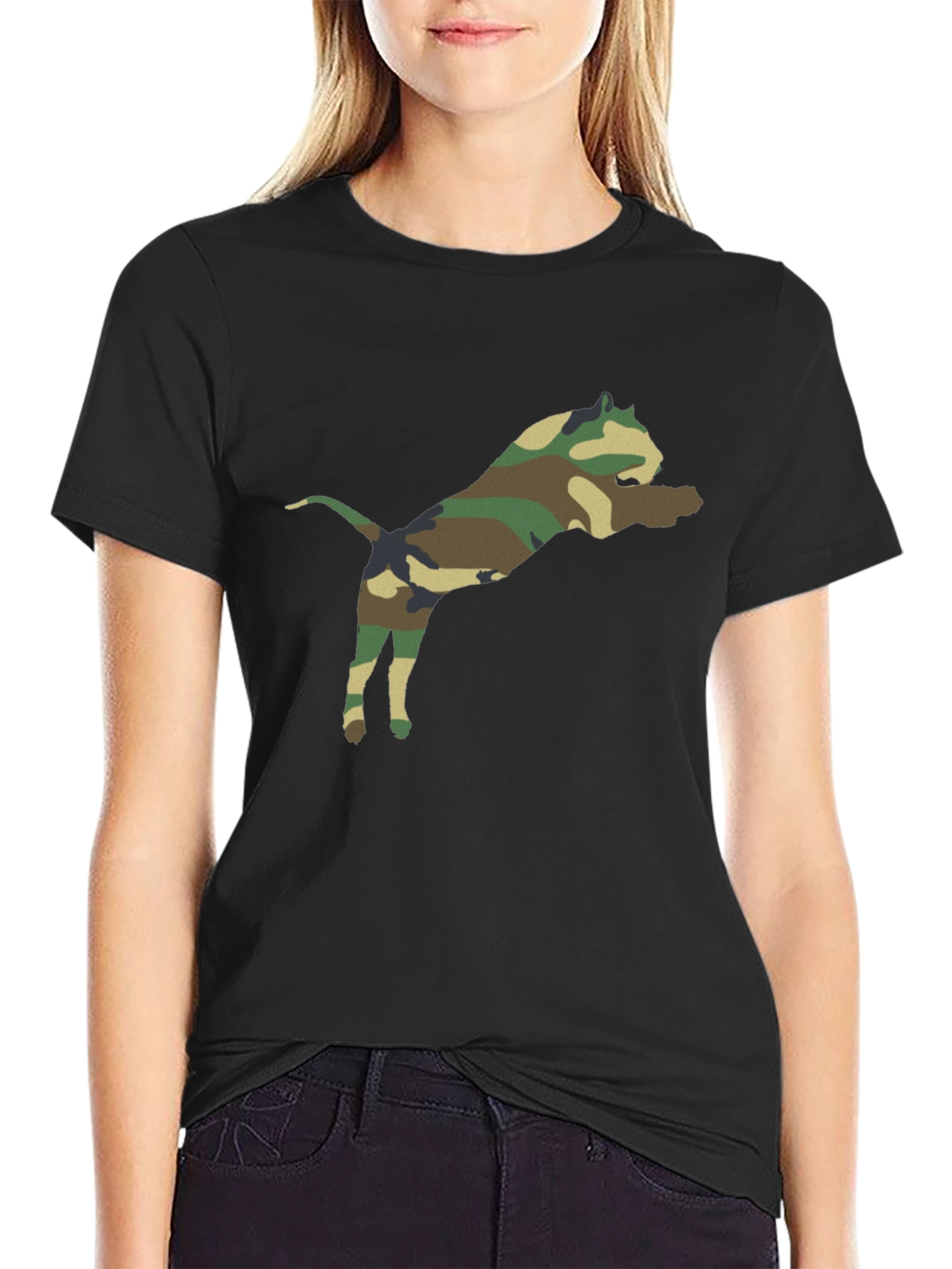 Camouflage Pitbull Graphic Tee - Black Cotton Shirt
