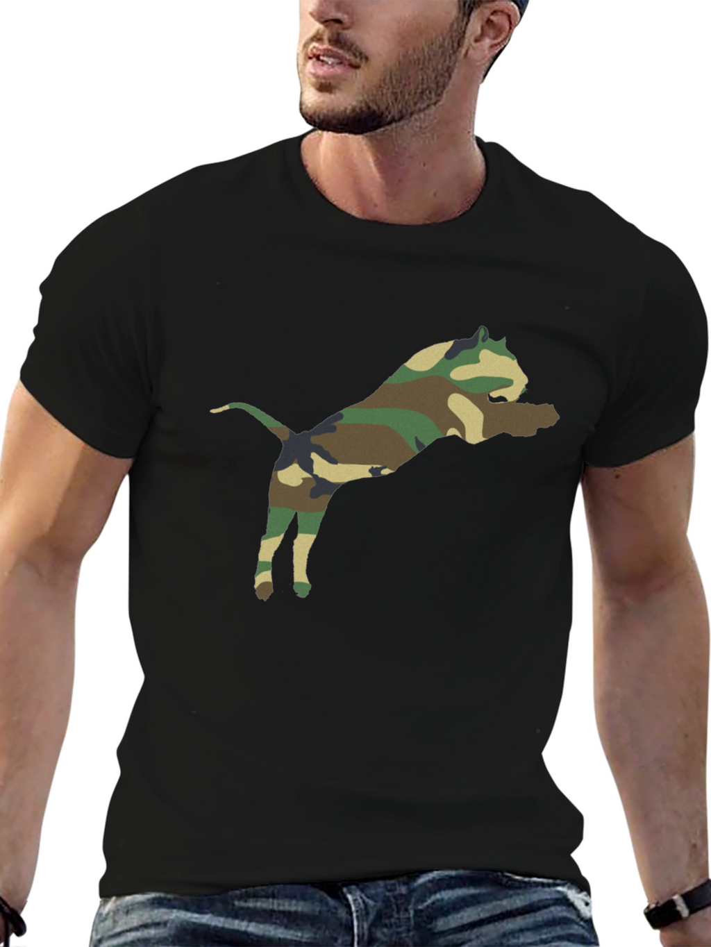Camouflage Pitbull Graphic Tee - Black Cotton Shirt
