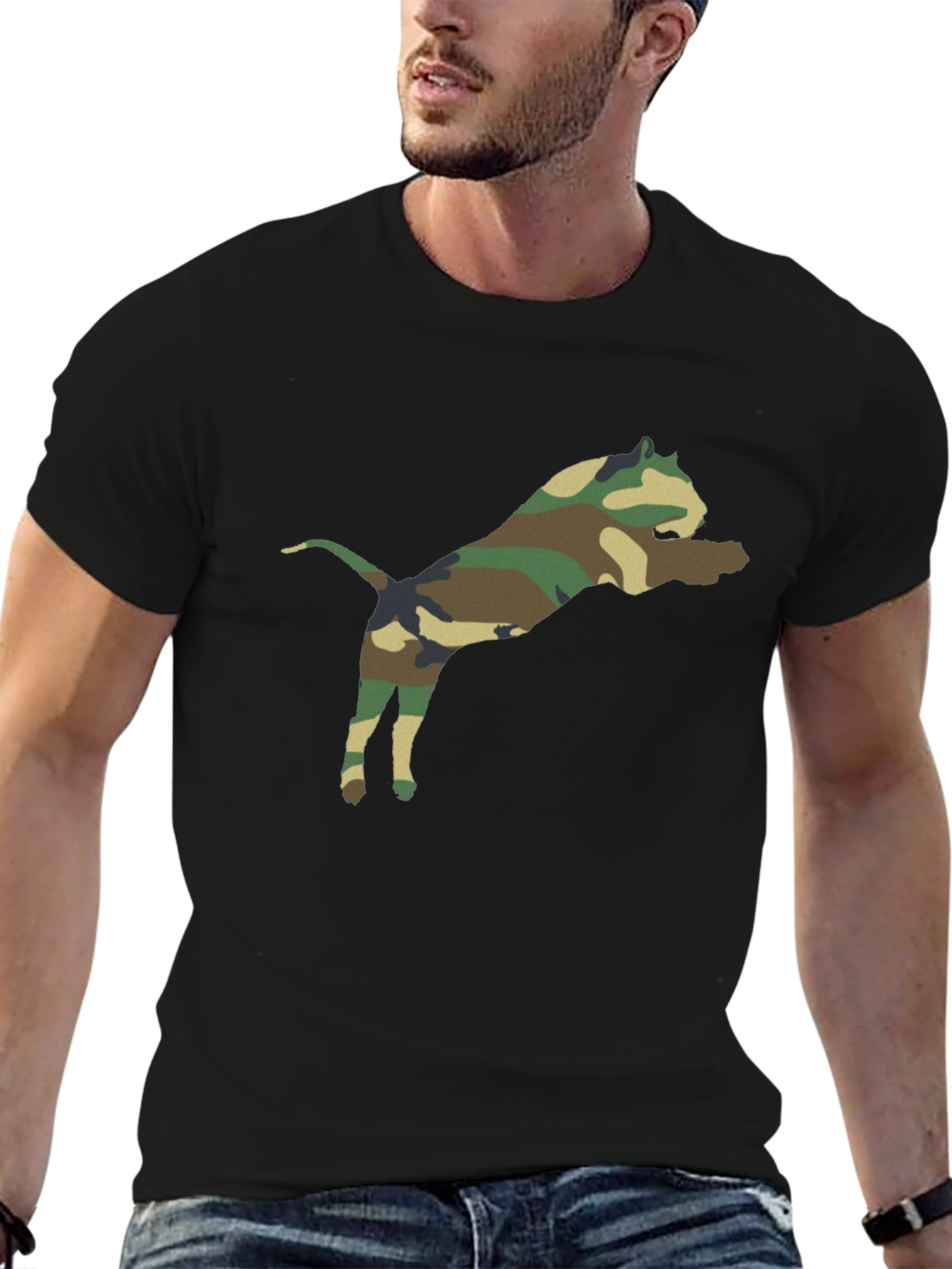 Camouflage Pitbull Graphic Tee - Black Cotton Shirt