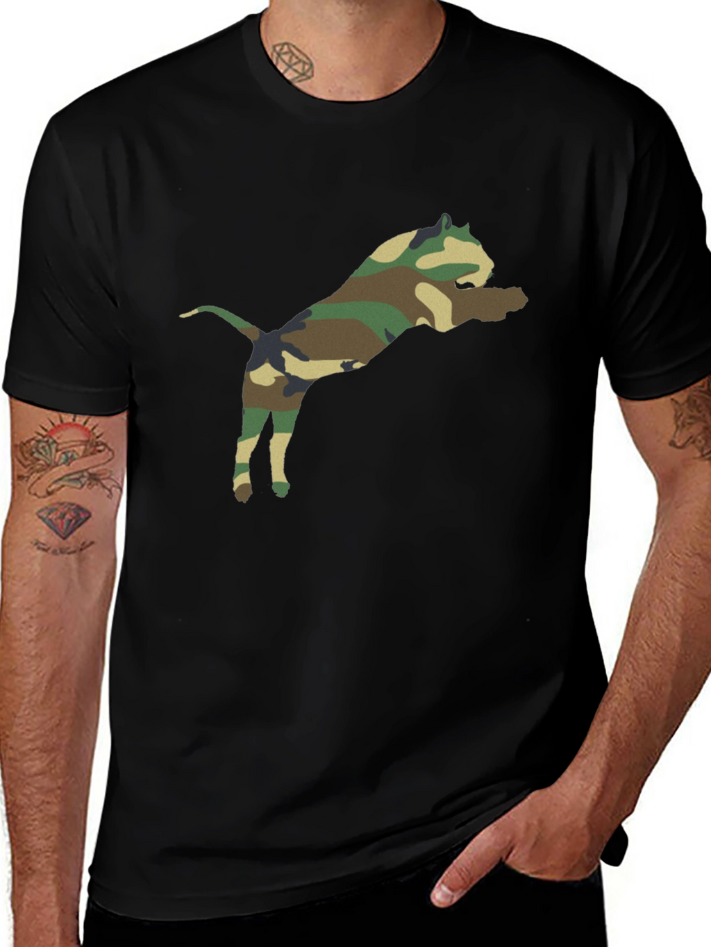 Camouflage Pitbull Graphic Tee - Black Cotton Shirt
