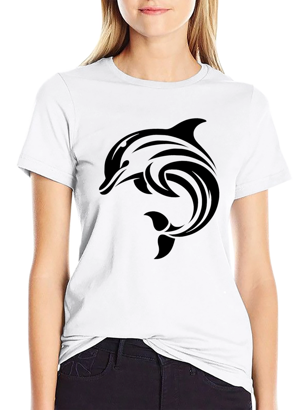 Black Dolphin Graphic Tee - Stylish Crew Neck
