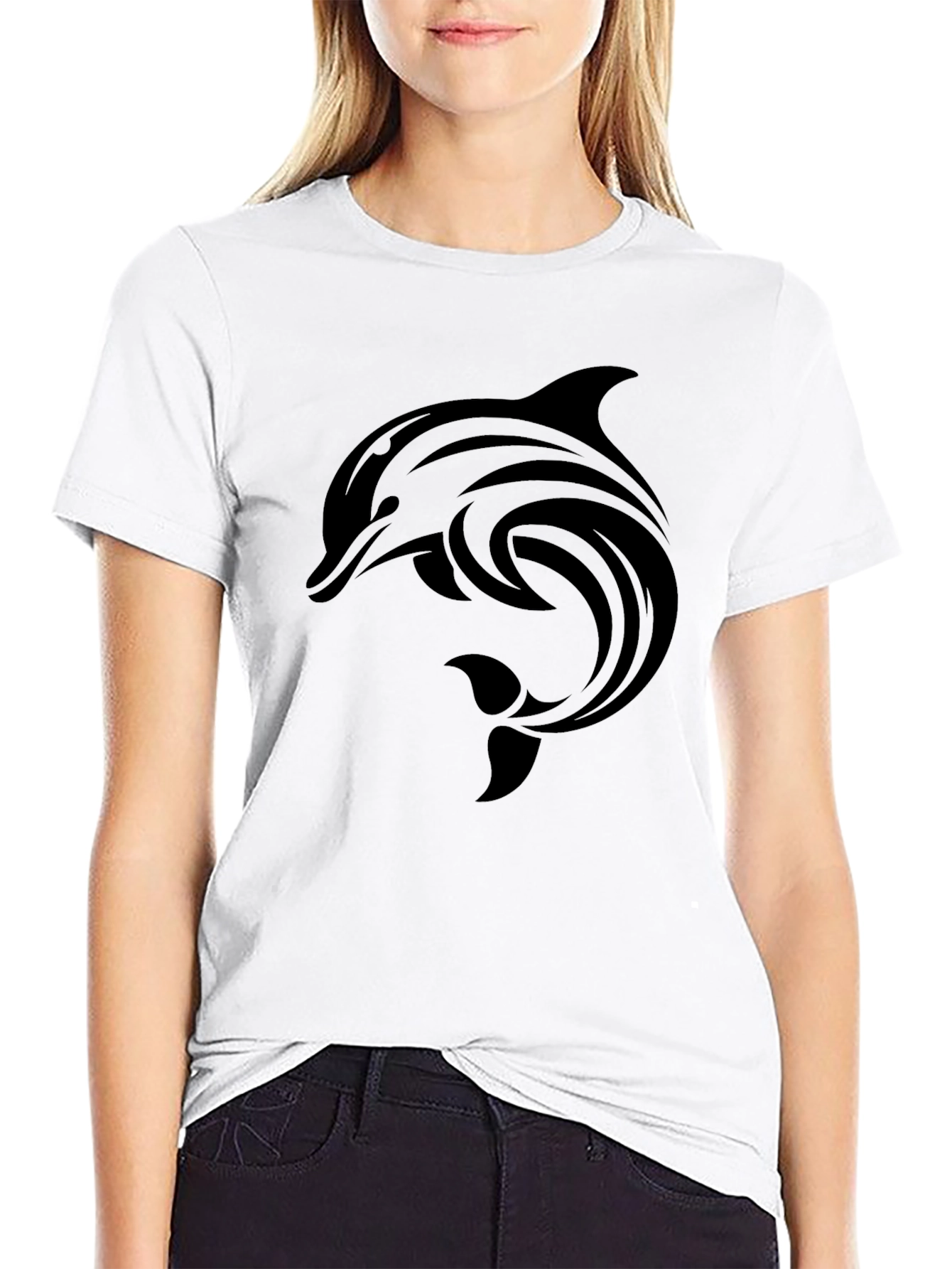 Black Dolphin Graphic Tee - Stylish Crew Neck