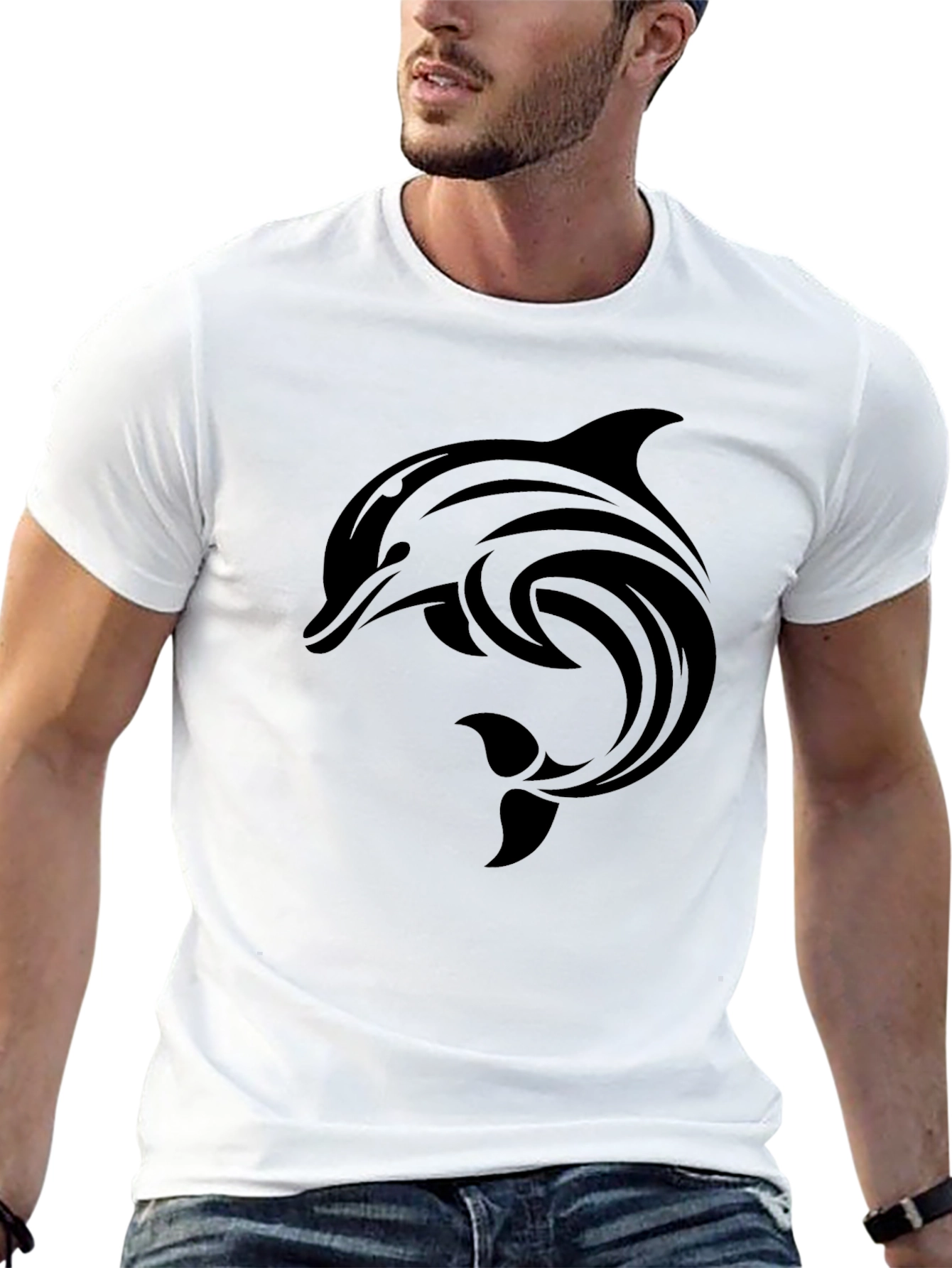 Black Dolphin Graphic Tee - Stylish Crew Neck