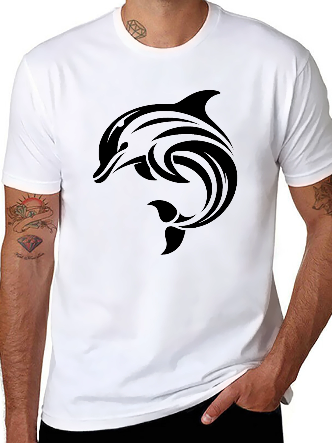 Black Dolphin Graphic Tee - Stylish Crew Neck